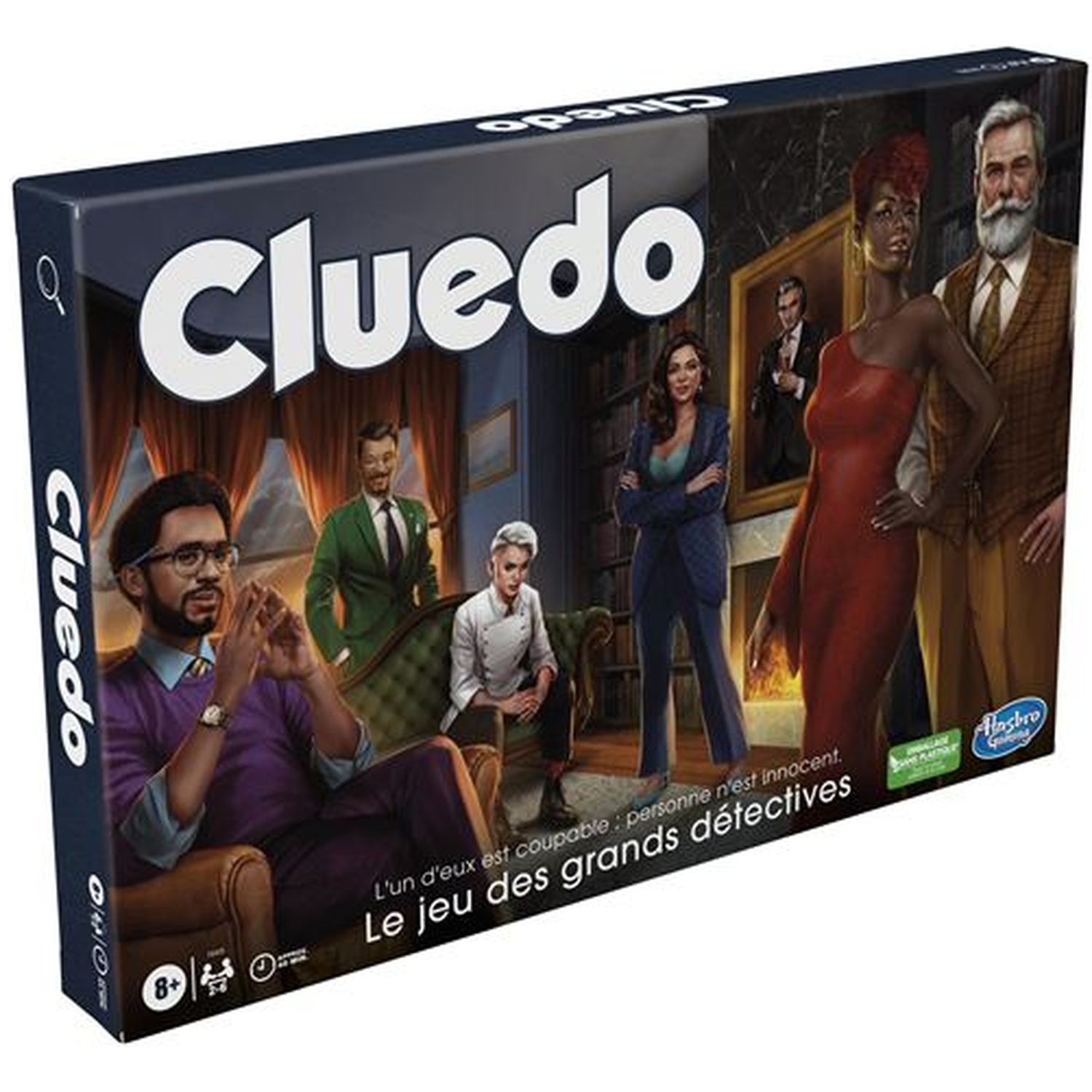 Cluedo bordspeldoos met personages in een donkere kamer en het witte Cluedo-logo.
