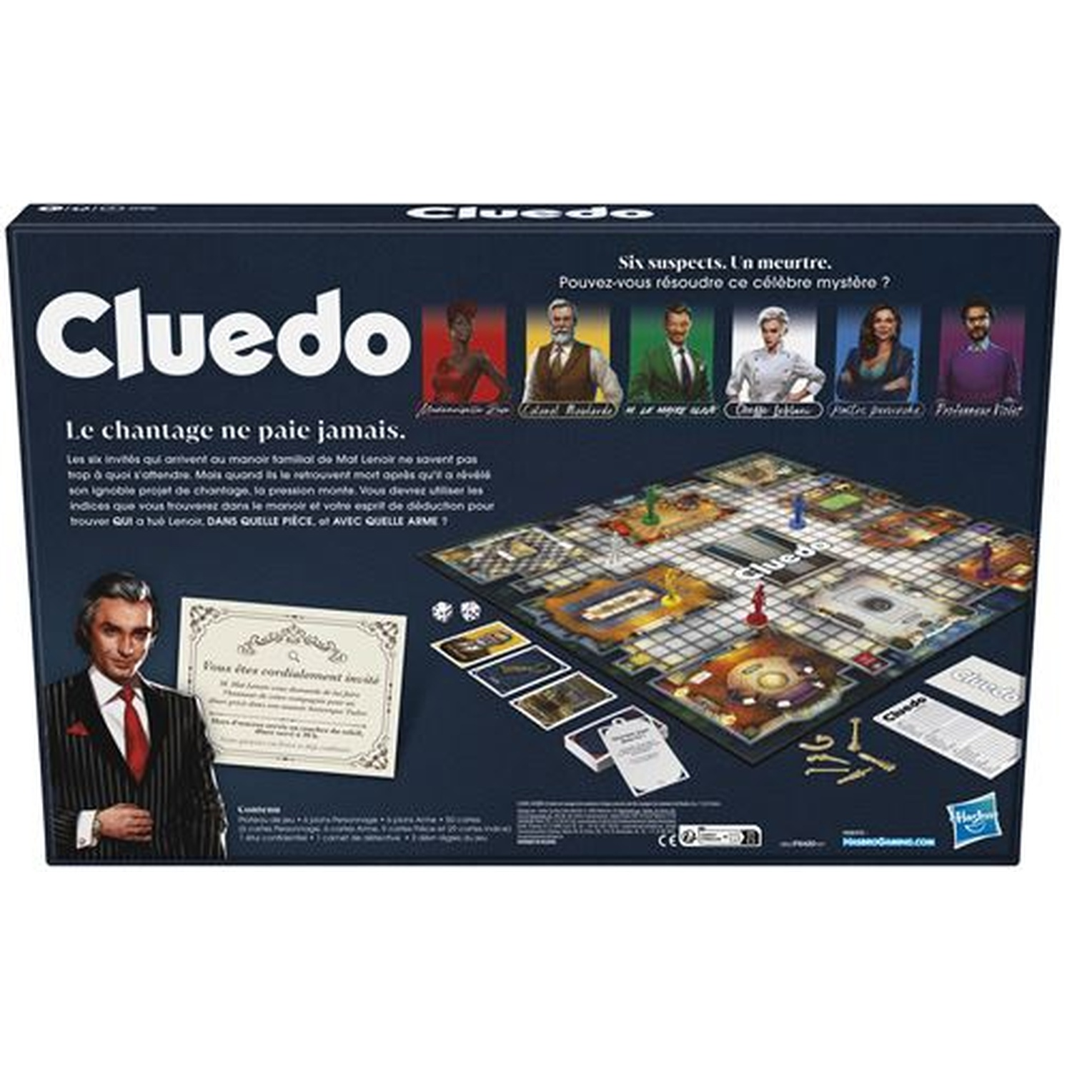 Cluedo bordspel doos toont het speelbord, personages, kaarten en wapens op donkere achtergrond.