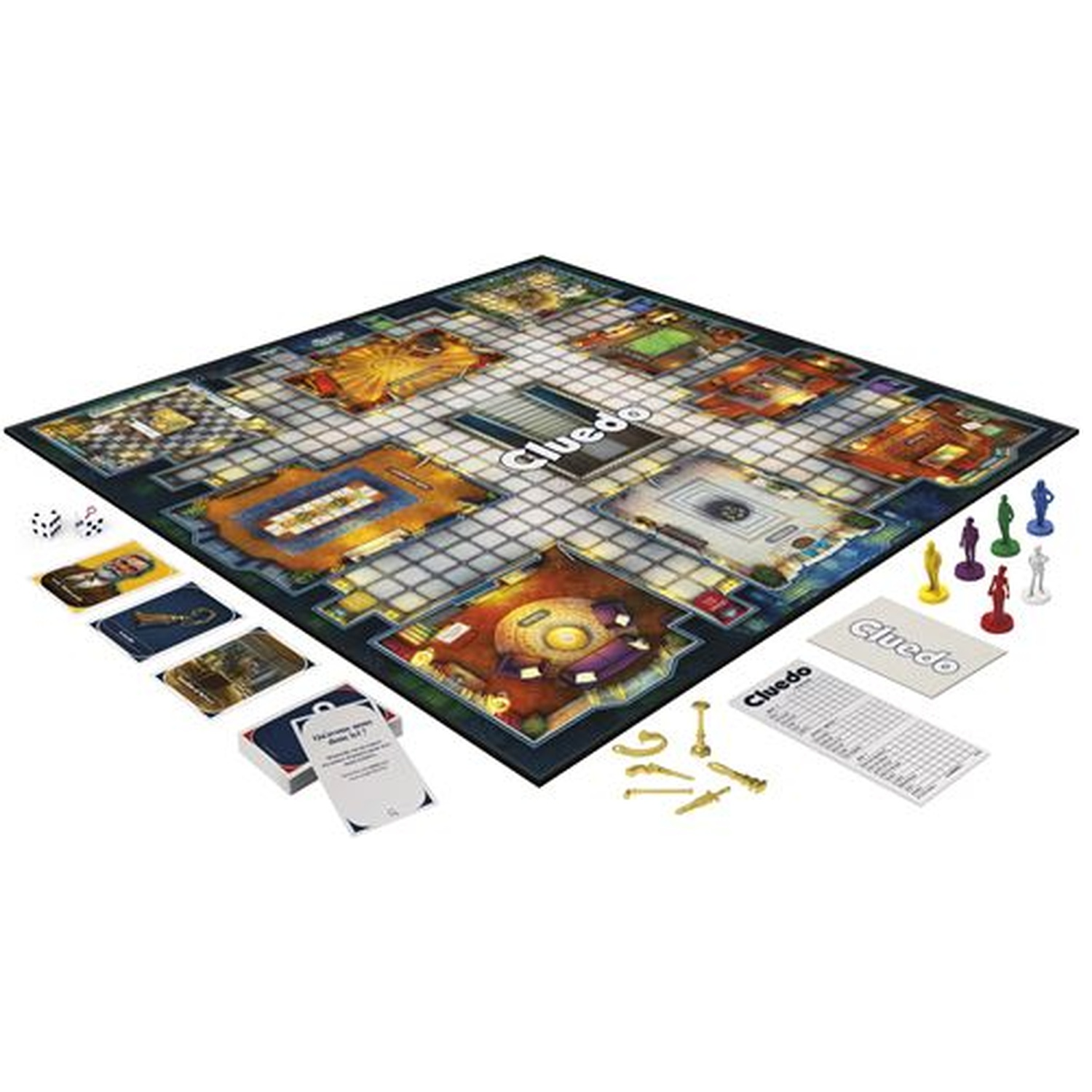 Een Cluedo bordspel met dobbelstenen, kaarten, gouden wapens, gekleurde pionnen en notitieblokken.