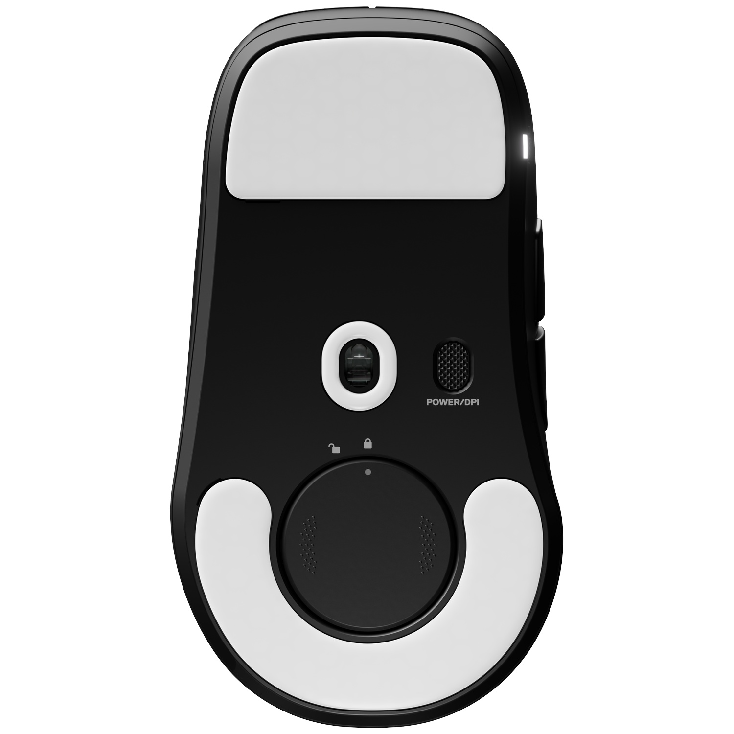 Onderkant van een zwarte draadloze computermaus met witte glijvoetjes, optische sensor en een ronde afdekking.