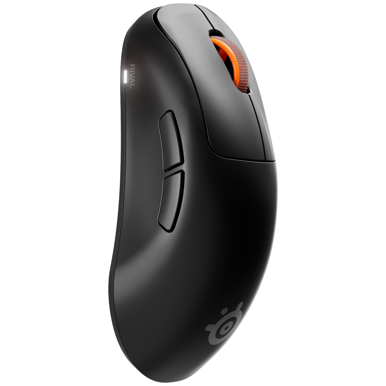 Zwarte draadloze gamingmuis met een oranje scrollwiel en twee duimknoppen op witte achtergrond.