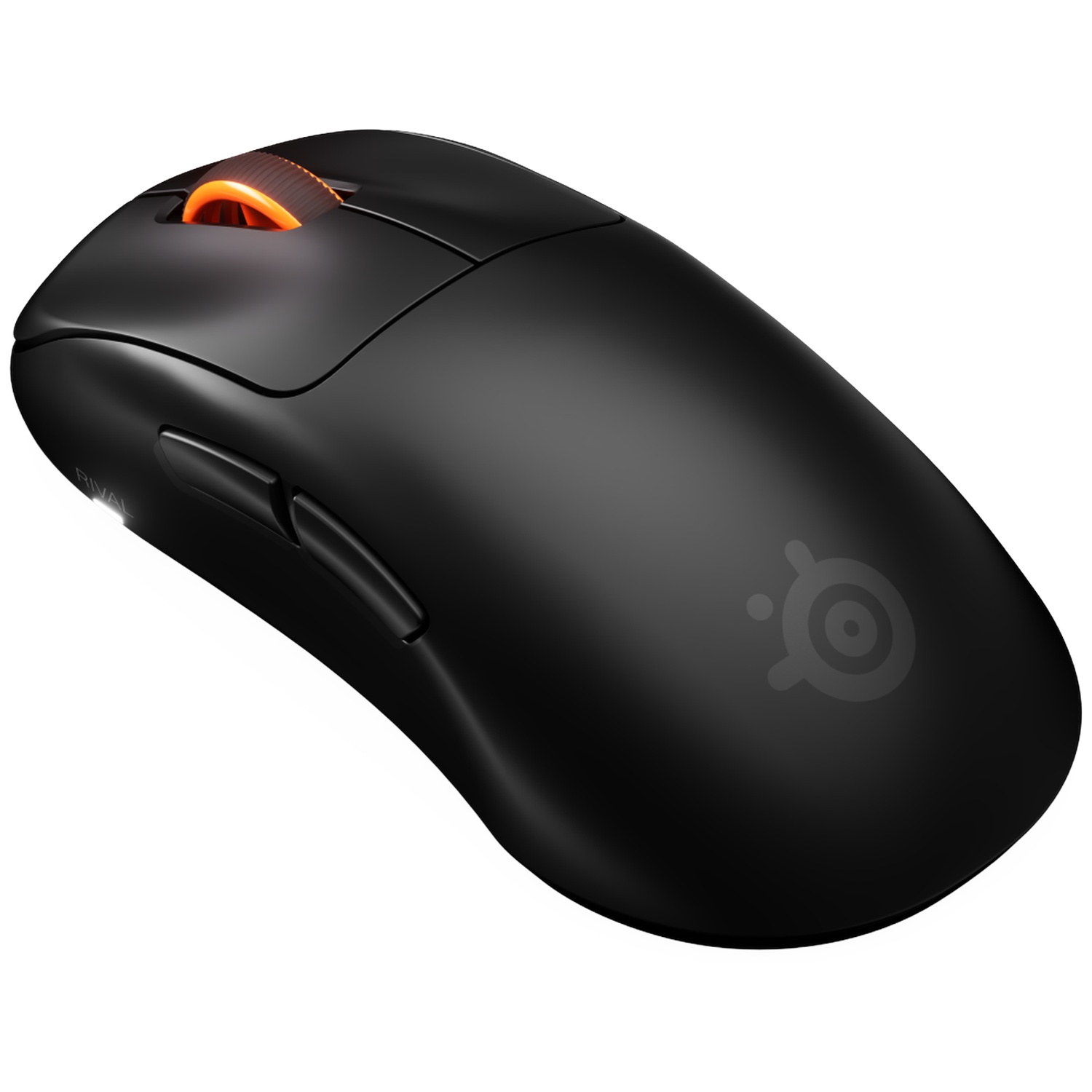 Een zwarte draadloze gamingmuis met oranje scrollwiel en twee duimknoppen op een witte achtergrond.