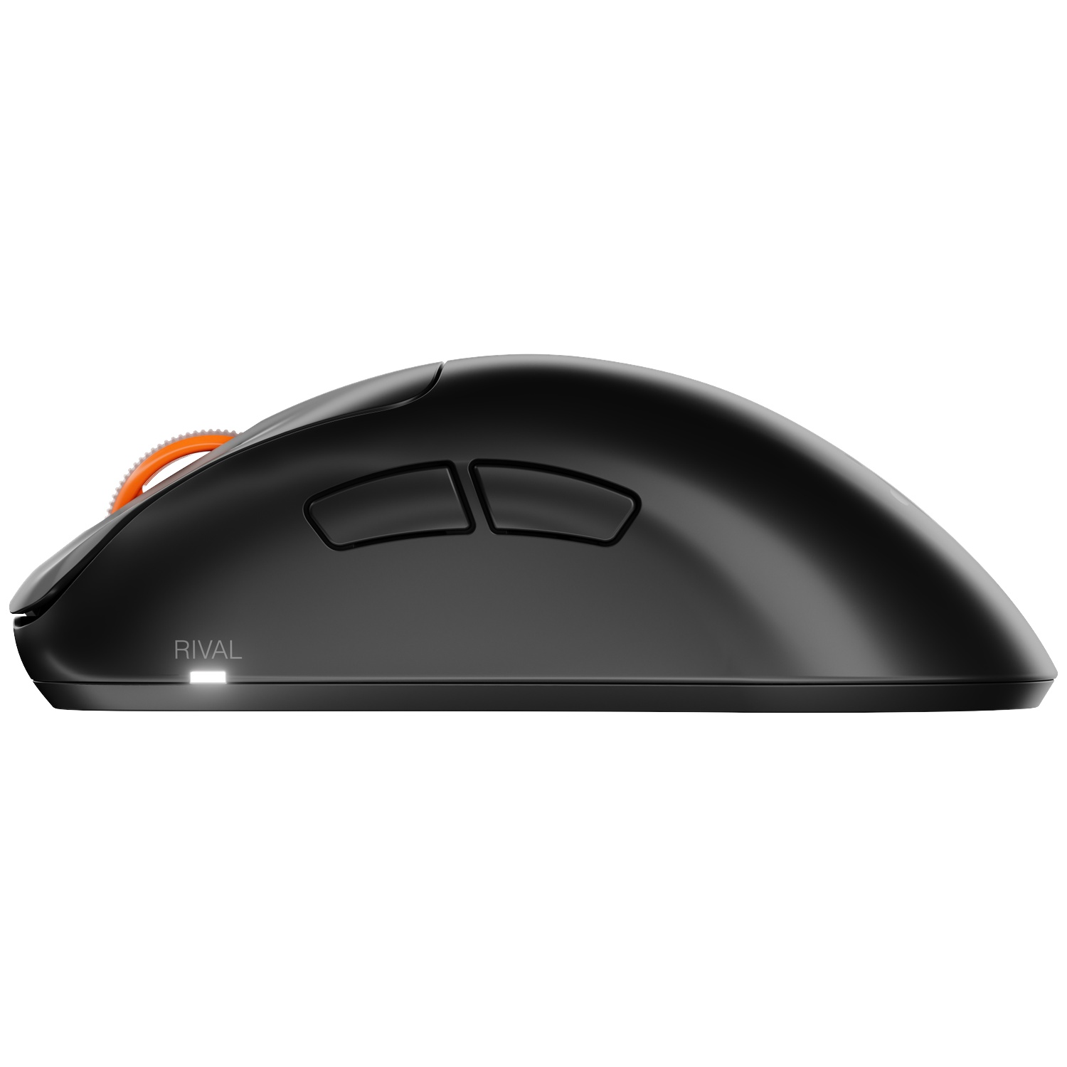 Een zwarte draadloze gamingmuis in profiel, met twee zijknoppen, een oranje scrollwiel en een oplichtende witte LED.