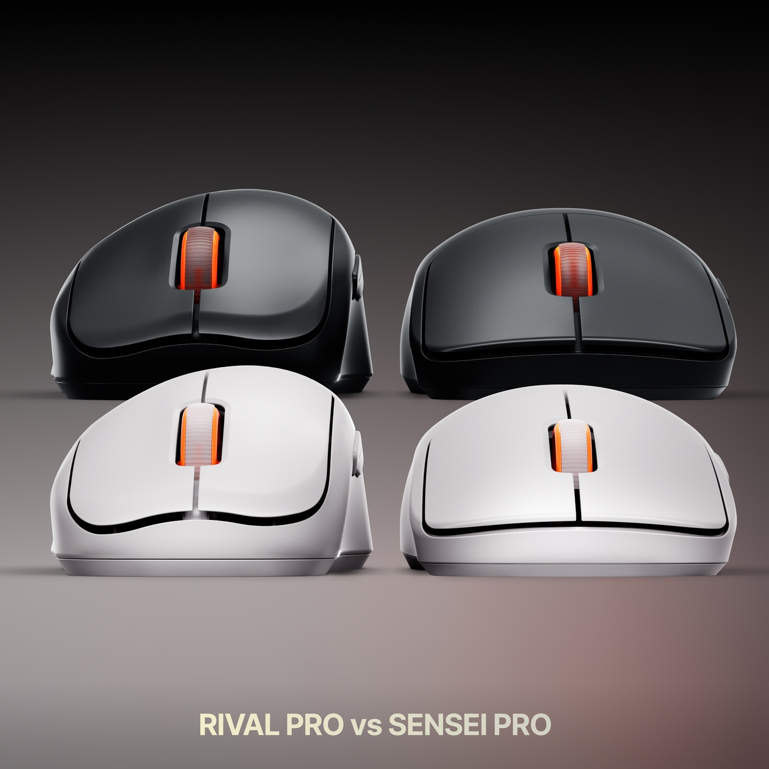 Vier computermuizen in zwart en wit, voorzien van oplichtende oranje scrollwielen, weergegeven met de tekst RIVAL PRO vs SENSEI PRO.