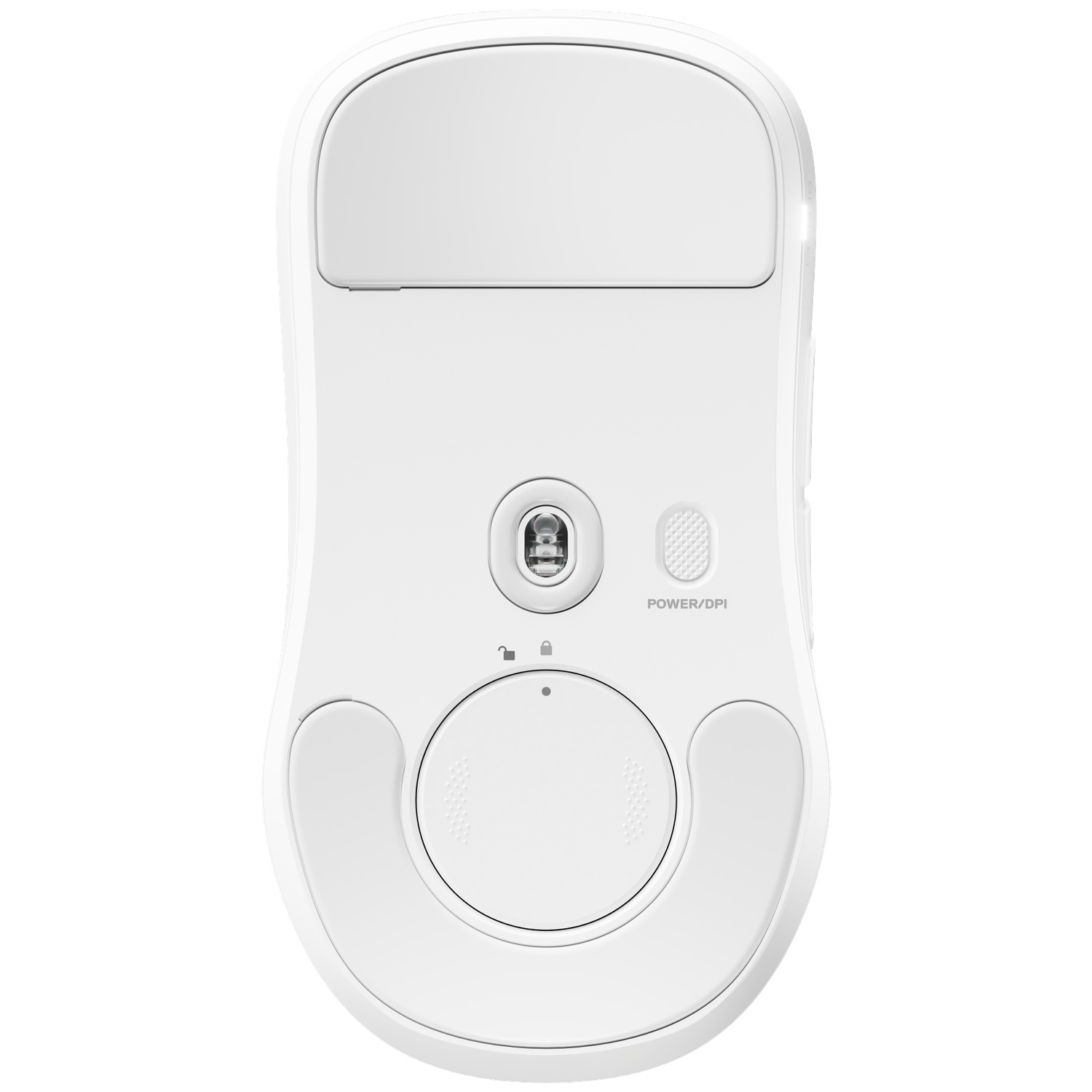 De witte onderkant van een computermuis met sensor, aan/uit/DPI-schakelaar en glijkussentjes.
