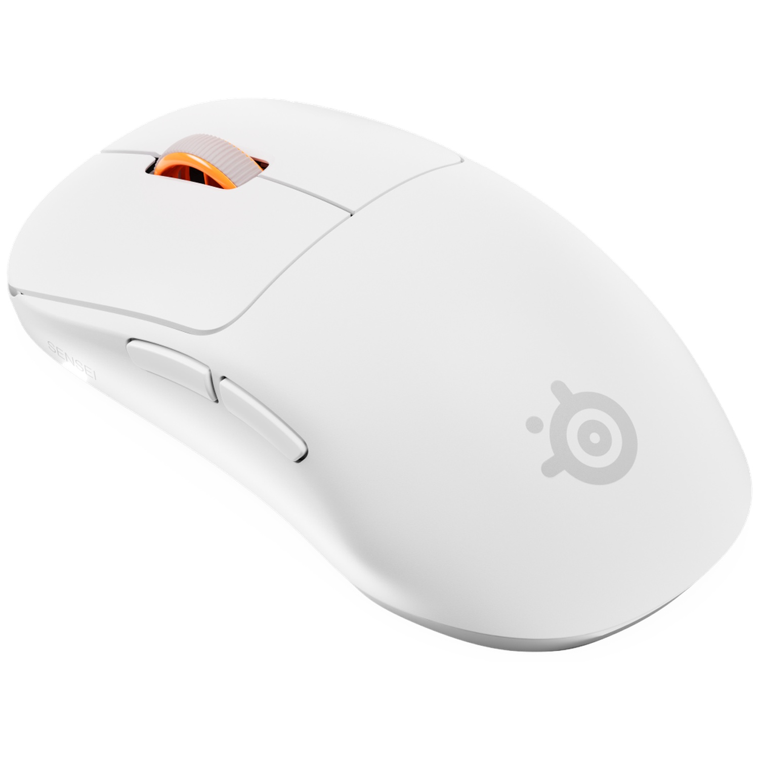 Een strakke witte draadloze gaming-muis met oranje scrollwiel en zijknoppen op een witte achtergrond.