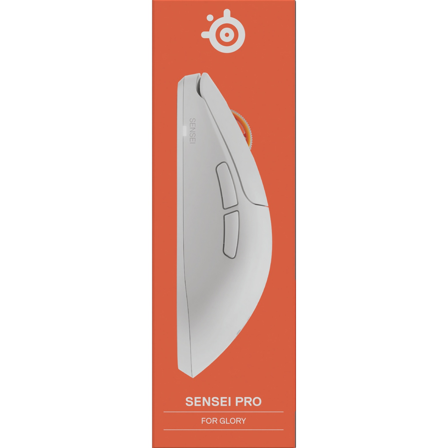 Een witte Sensei Pro gamingmuis op een oranje achtergrondpaneel met logo.