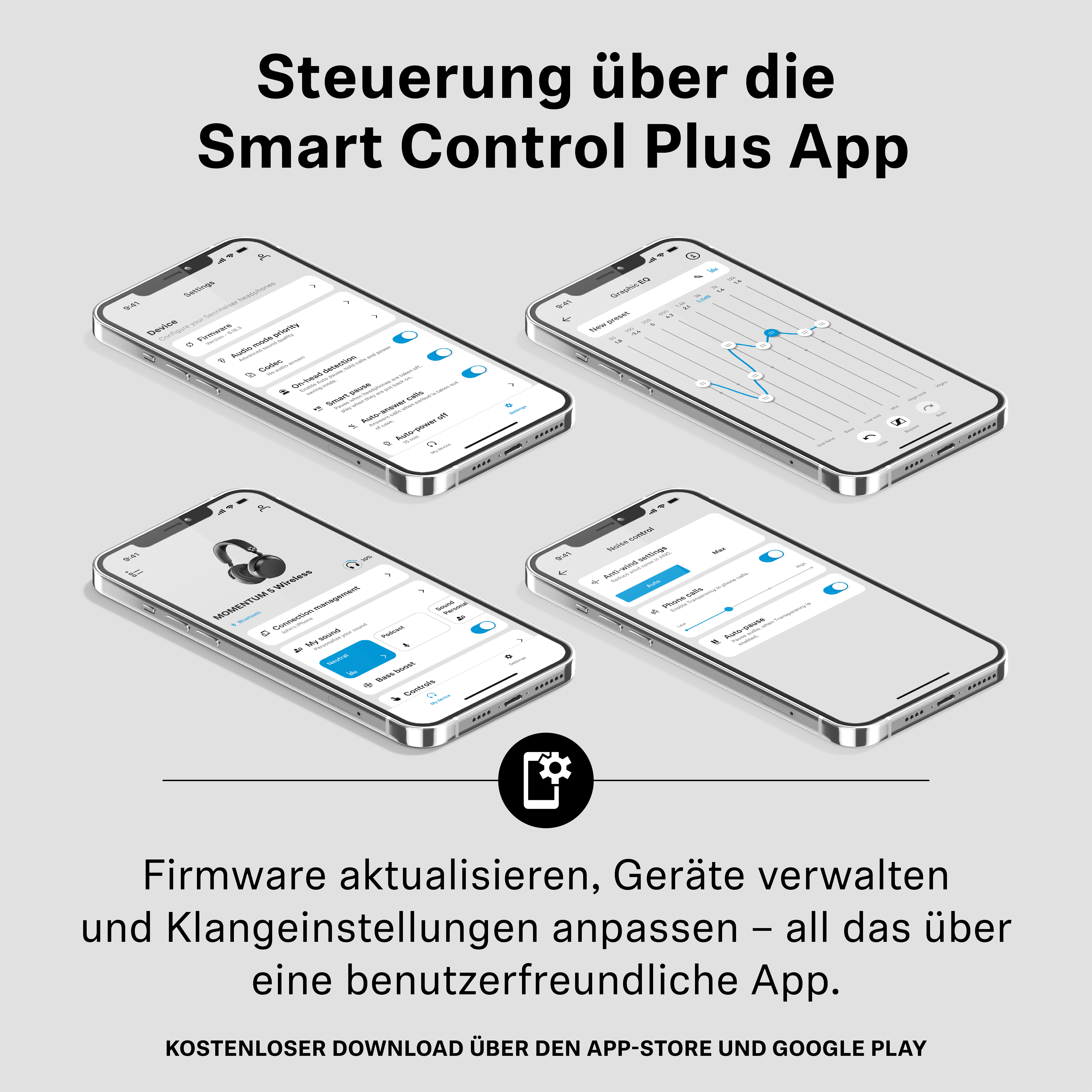 Vier Smartphones zeigen verschiedene App-Ansichten für Kopfhörereinstellungen und Equalizer.