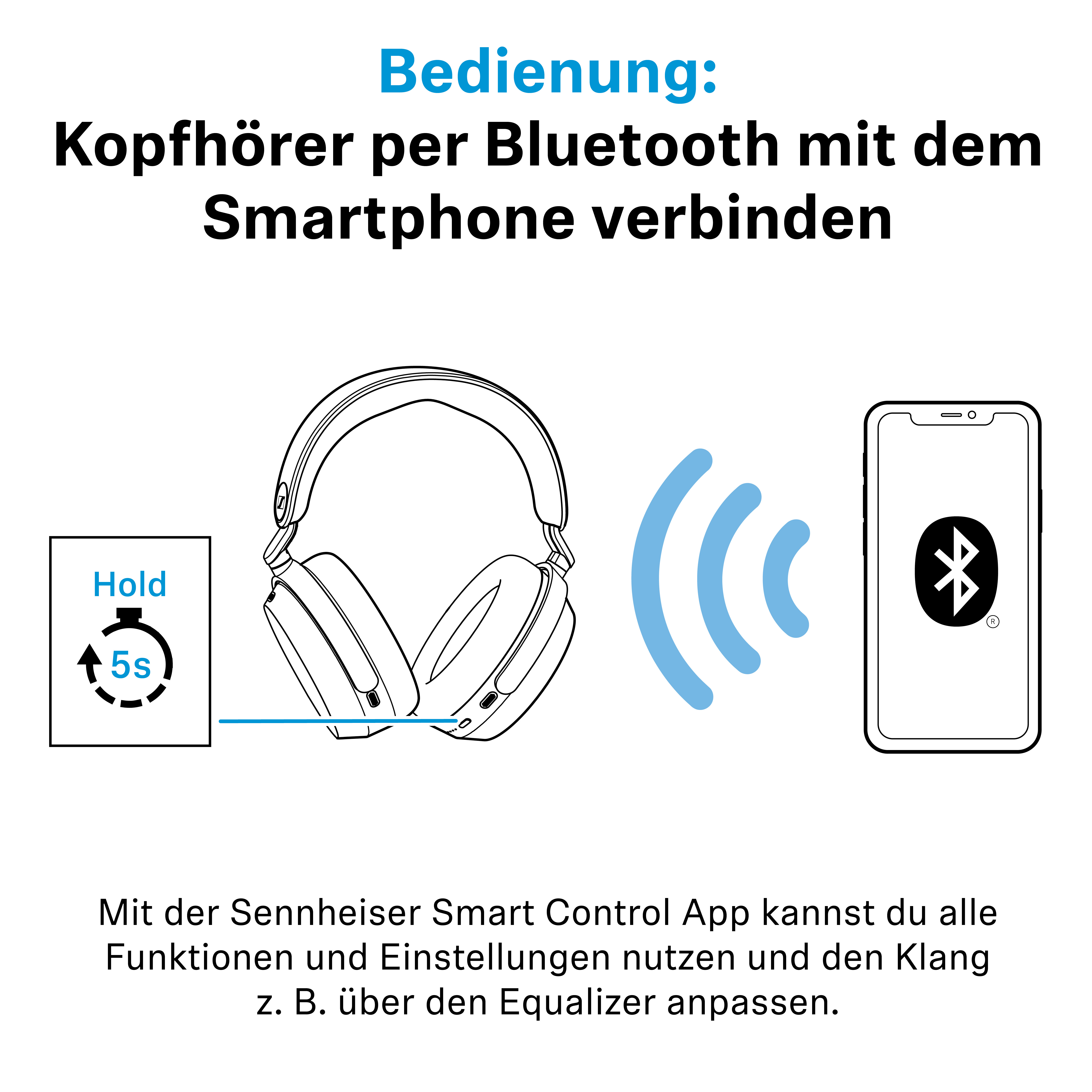 Anleitung zum Verbinden von Kopfhörern per Bluetooth mit einem Smartphone und App-Nutzung.