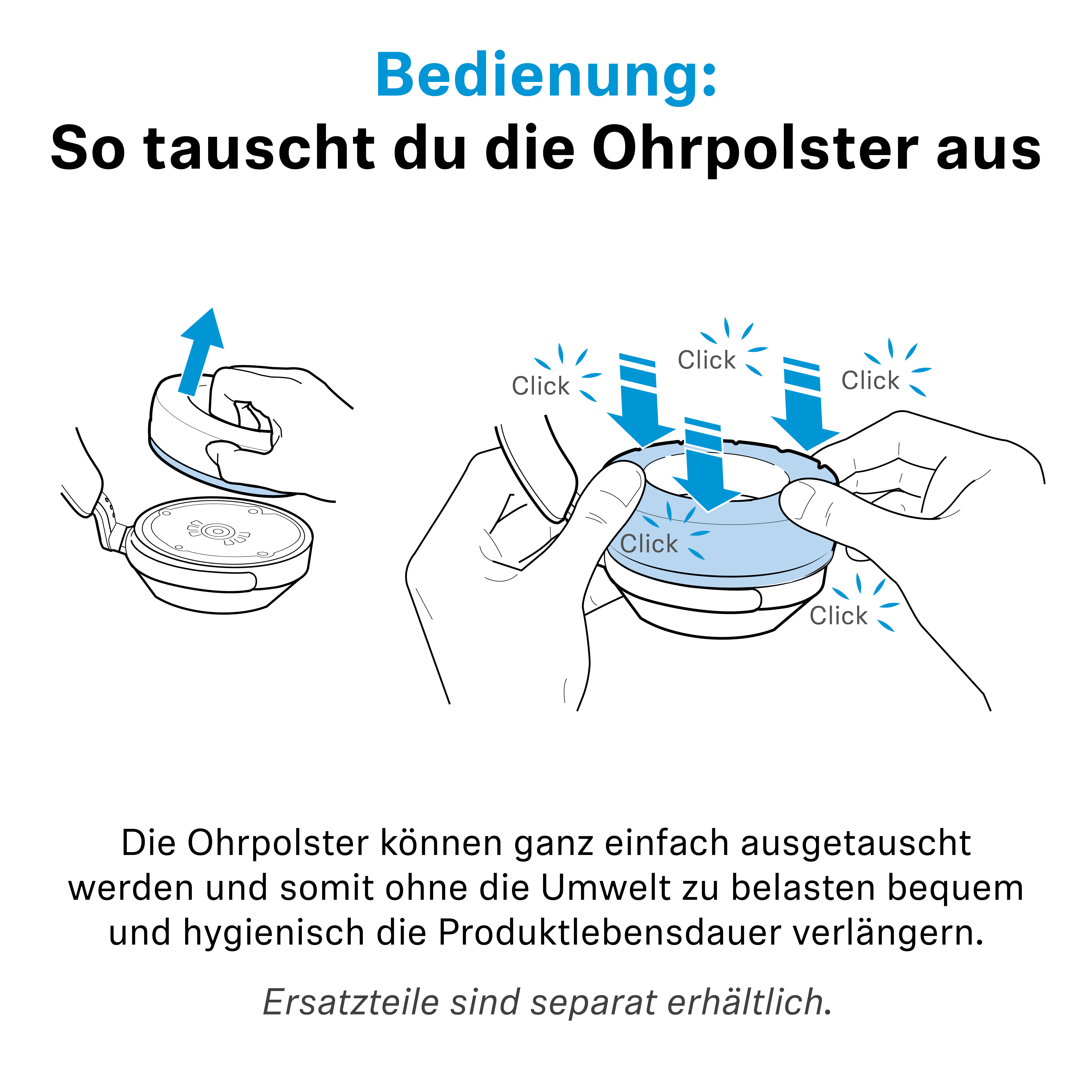 Anleitung zum Tauschen von Kopfhörer-Ohrpolstern mit Grafiken und Text.