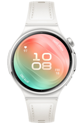 Biały smartwatch z okrągłym ekranem pokazującym czas, kroki i kalorie.
