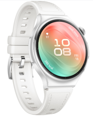 Biały smartwatch z okrągłym wyświetlaczem pokazującym godzinę, tętno i kalorie.