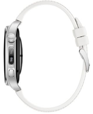 Srebrny smartwatch z czarną kopertą i białym skórzanym paskiem, widziany z boku na białym tle.