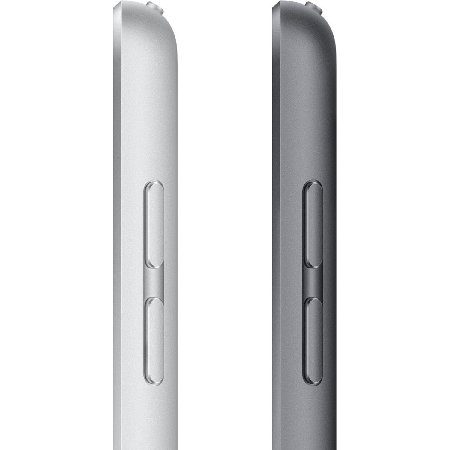 Zijaanzicht van twee tablets in zilver en donkergrijs met fysieke knoppen tegen een witte achtergrond.