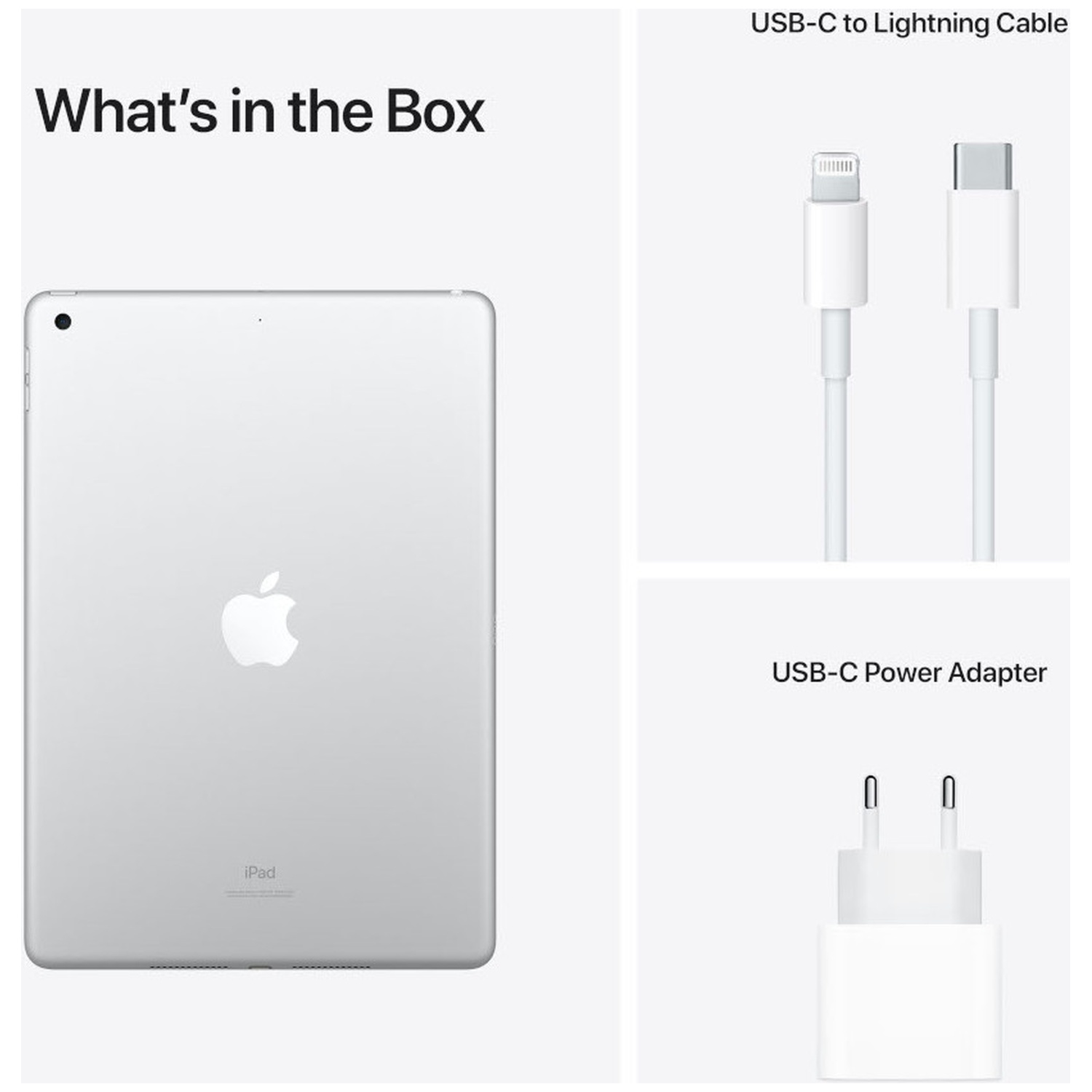 Wat zit er in de doos: Een iPad, een USB-C-naar-Lightning-kabel en een USB-C-lichtnetadapter.