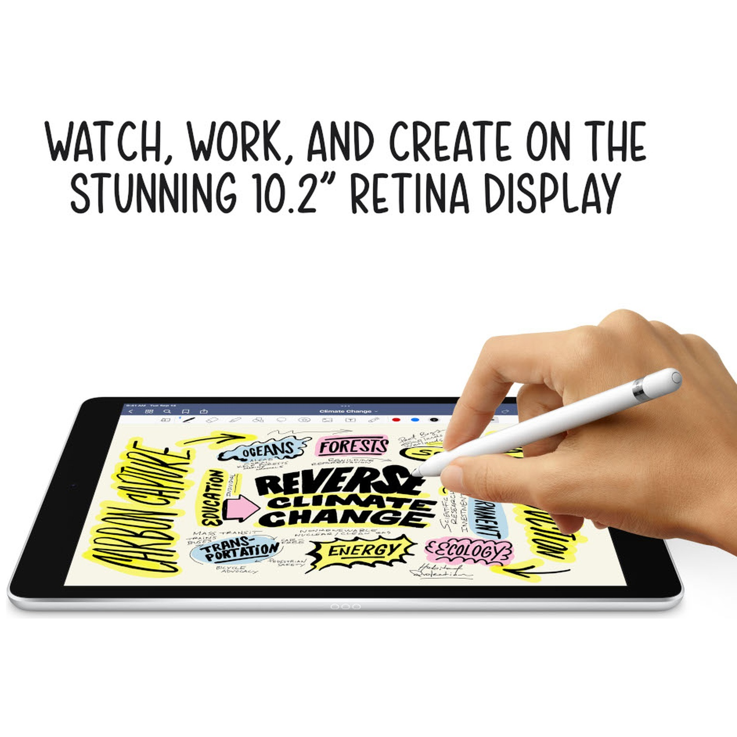 Een hand gebruikt een stylus op een tablet met klimaatverandering-notities tegen een witte achtergrond.