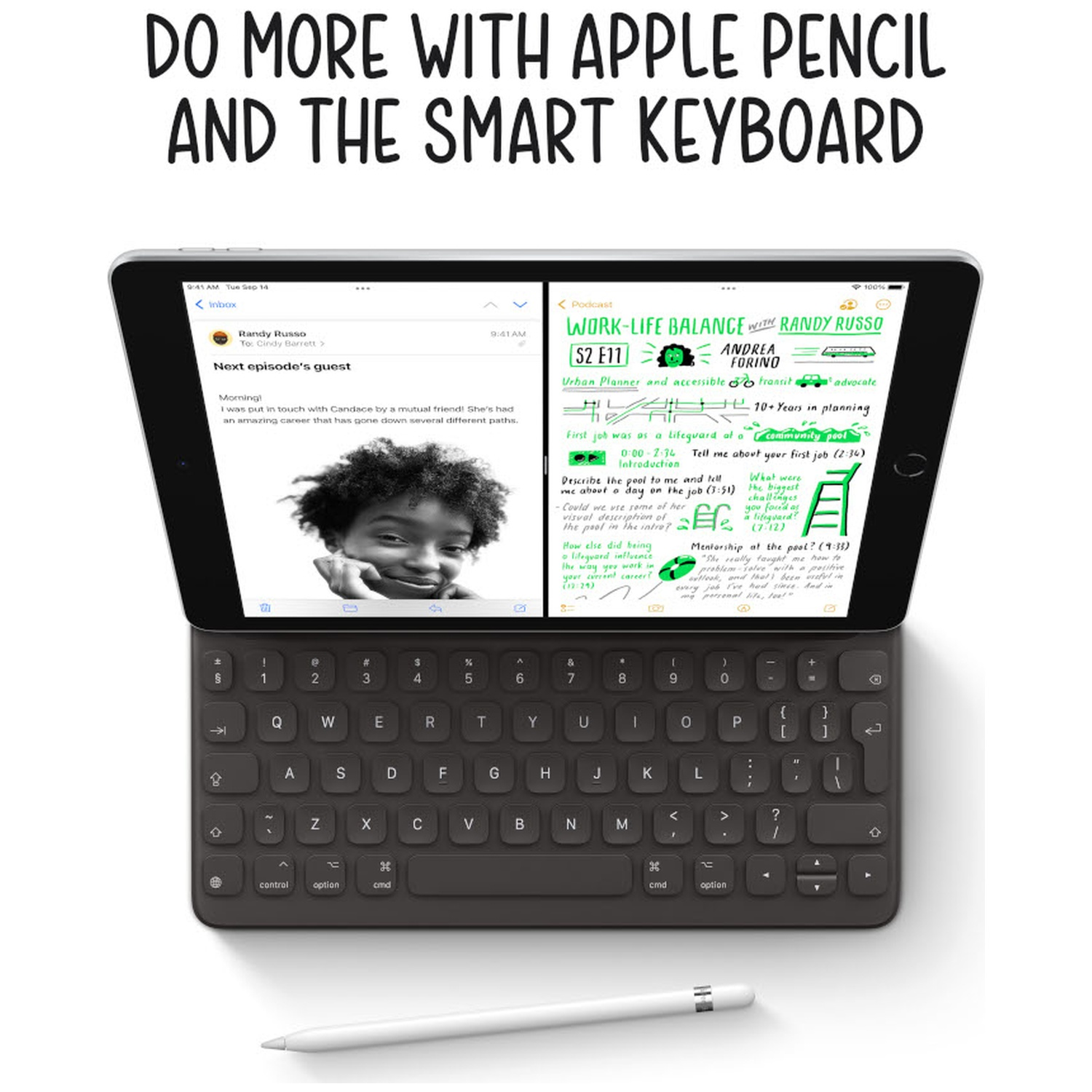 iPad met aangesloten Smart Keyboard en Apple Pencil, met gesplitst scherm voor e-mail en notities.