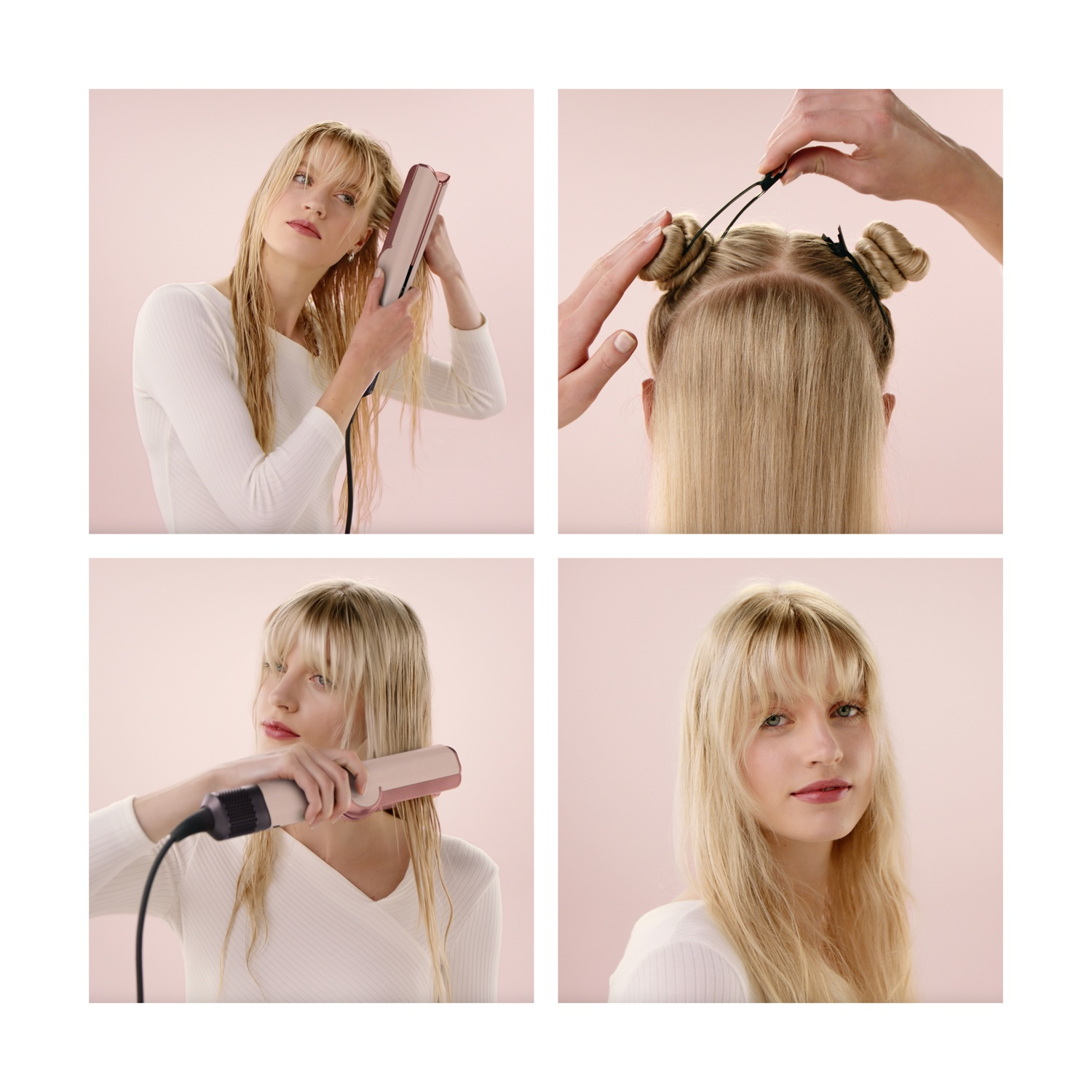 Collage a quattro pannelli di una donna bionda che acconcia i capelli con strumento rosa e mollette su sfondo rosa.