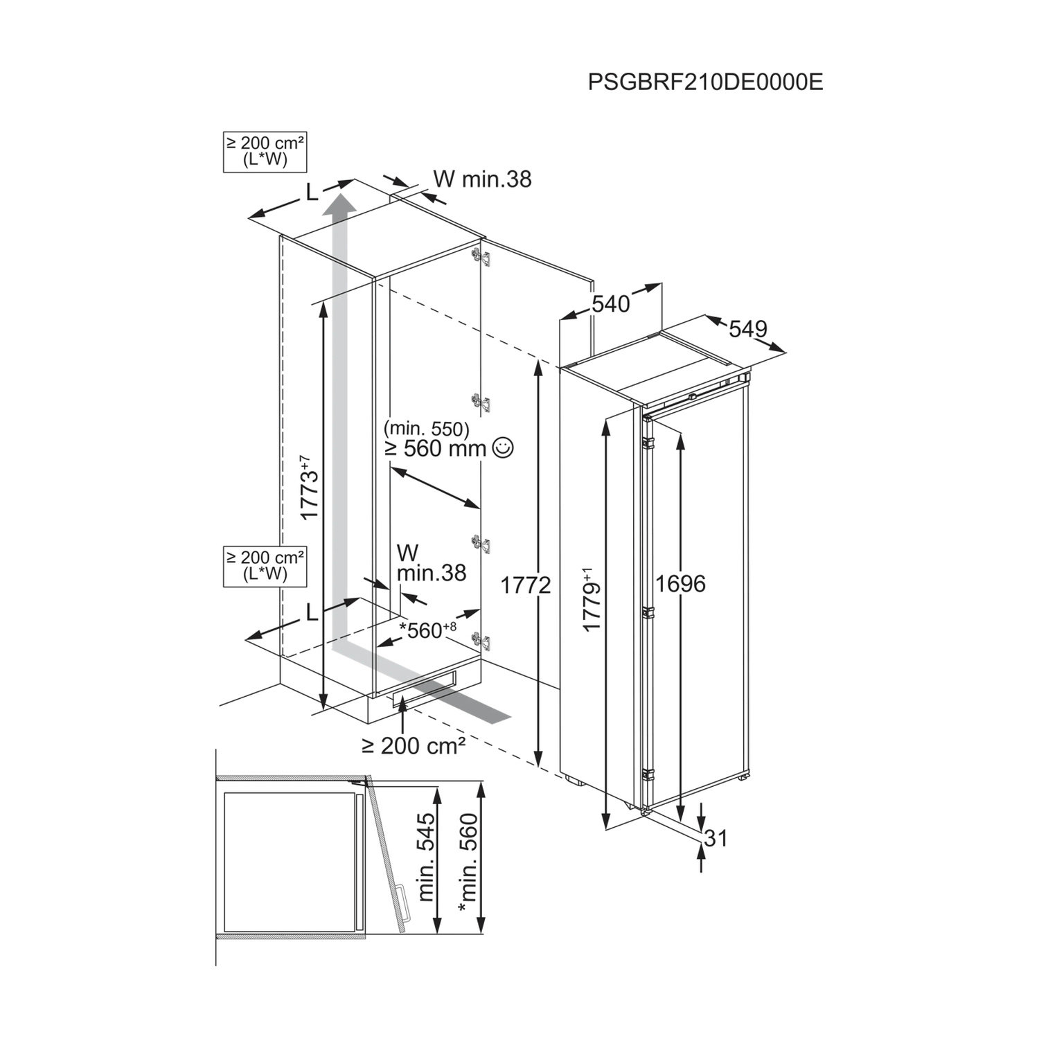 Schema tecnico che mostra le dimensioni di installazione e la ventilazione per un mobile frigorifero a incasso.