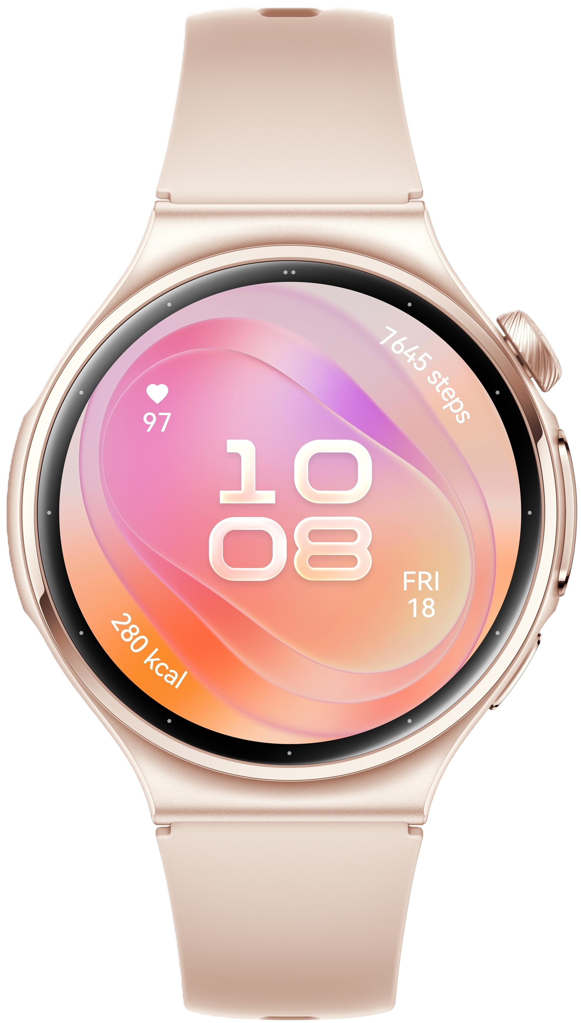 Różowozłoty smartwatch z różowo-pomarańczową tarczą pokazującą godzinę, kroki i tętno.