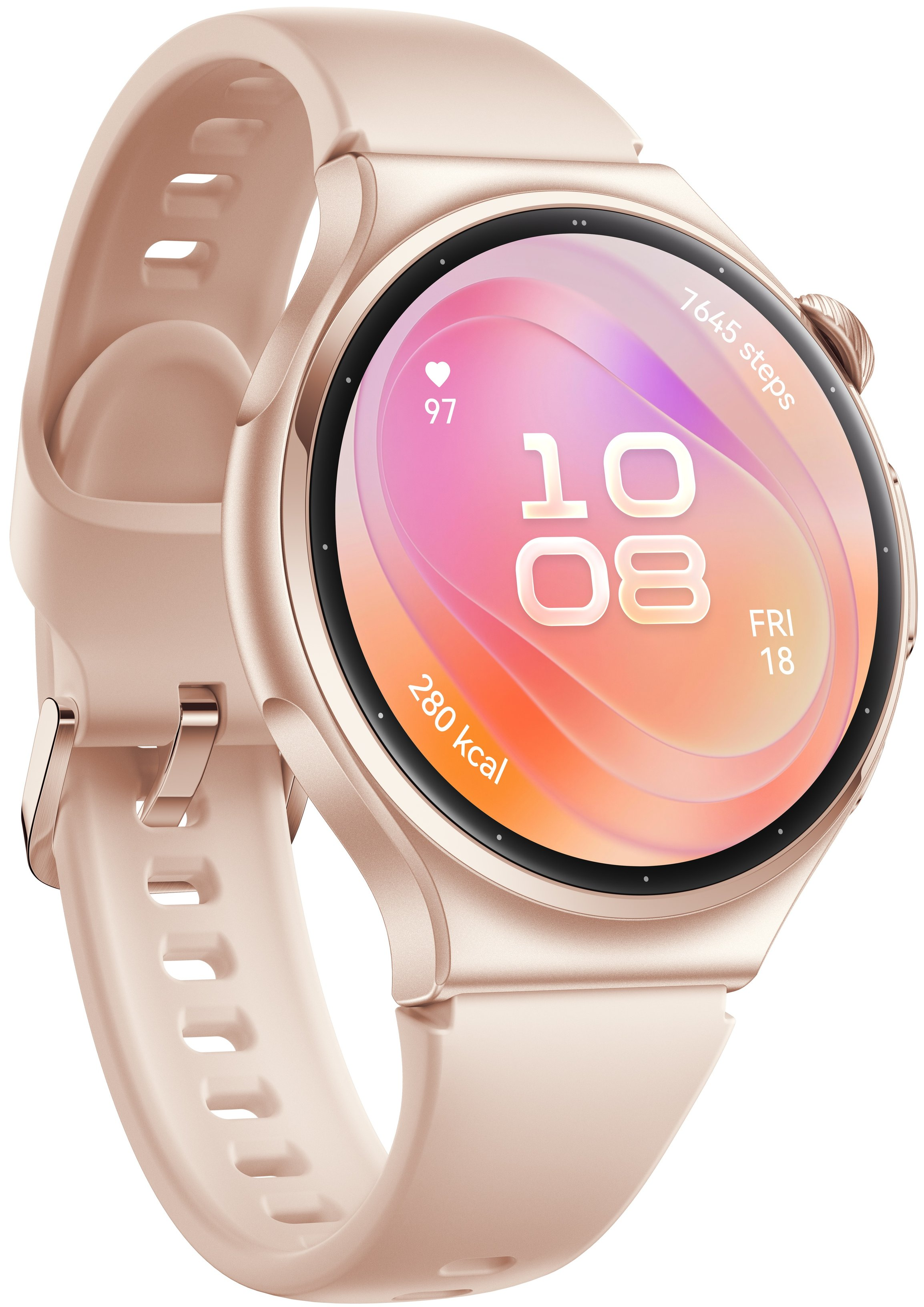 Różowy smartwatch z okrągłym ekranem pokazuje czas, kroki i kalorie na białym tle.
