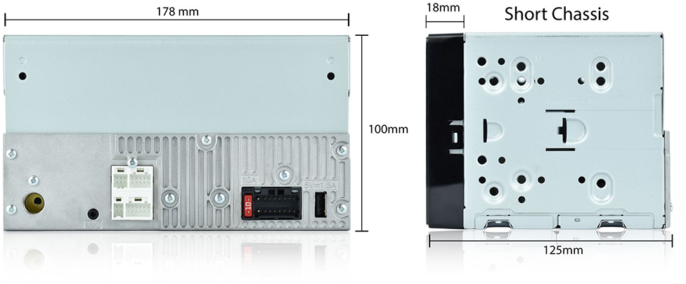 A diagram egy rövid autóhifi ház méreteit mutatja: 178mm, 100mm, 18mm és 125mm.