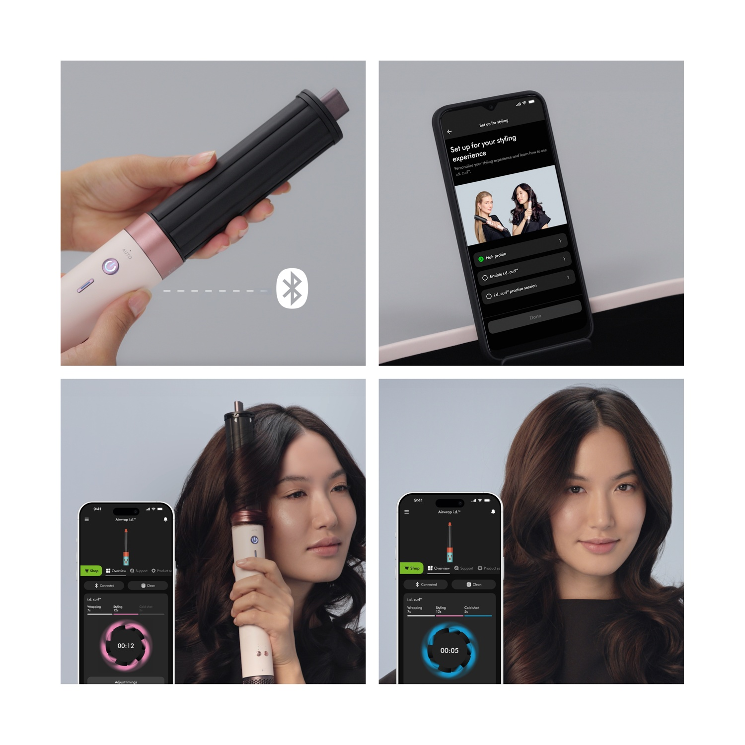 Quattro pannelli mostrano la connessione Bluetooth di un arricciacapelli rosa con un'app e il suo uso.