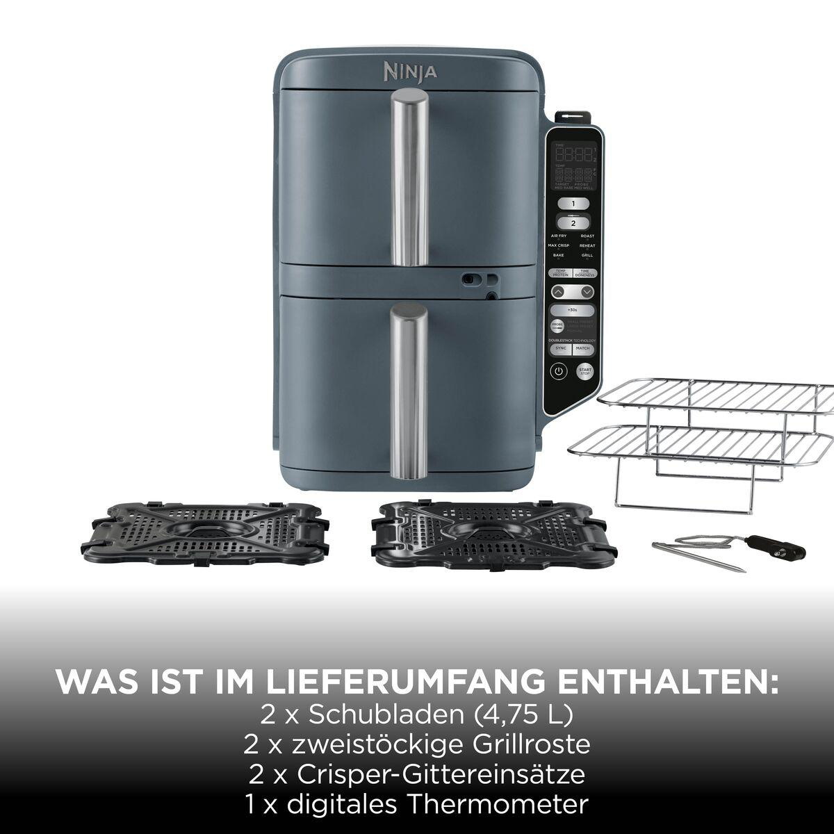 Ninja Heißluftfritteuse mit Doppelstock-Grillrosten, Crisper-Einsätzen und digitalem Thermometer.