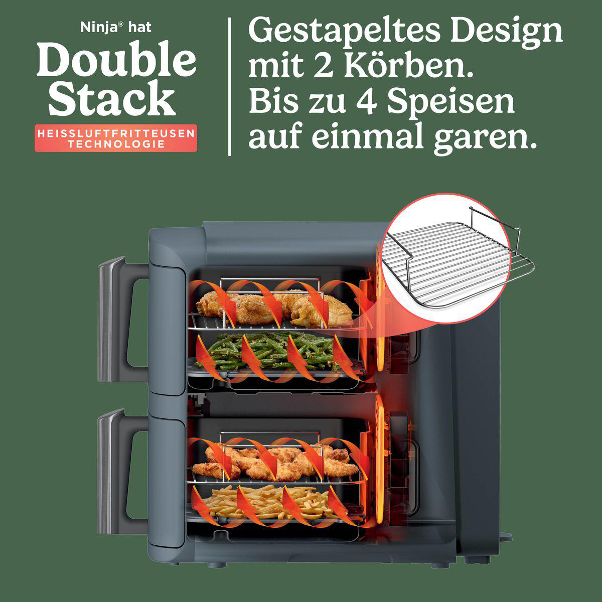 Ninja Double Stack Heißluftfritteuse mit zwei Körben und gestapeltem Design zum Garen von bis zu vier Speisen.