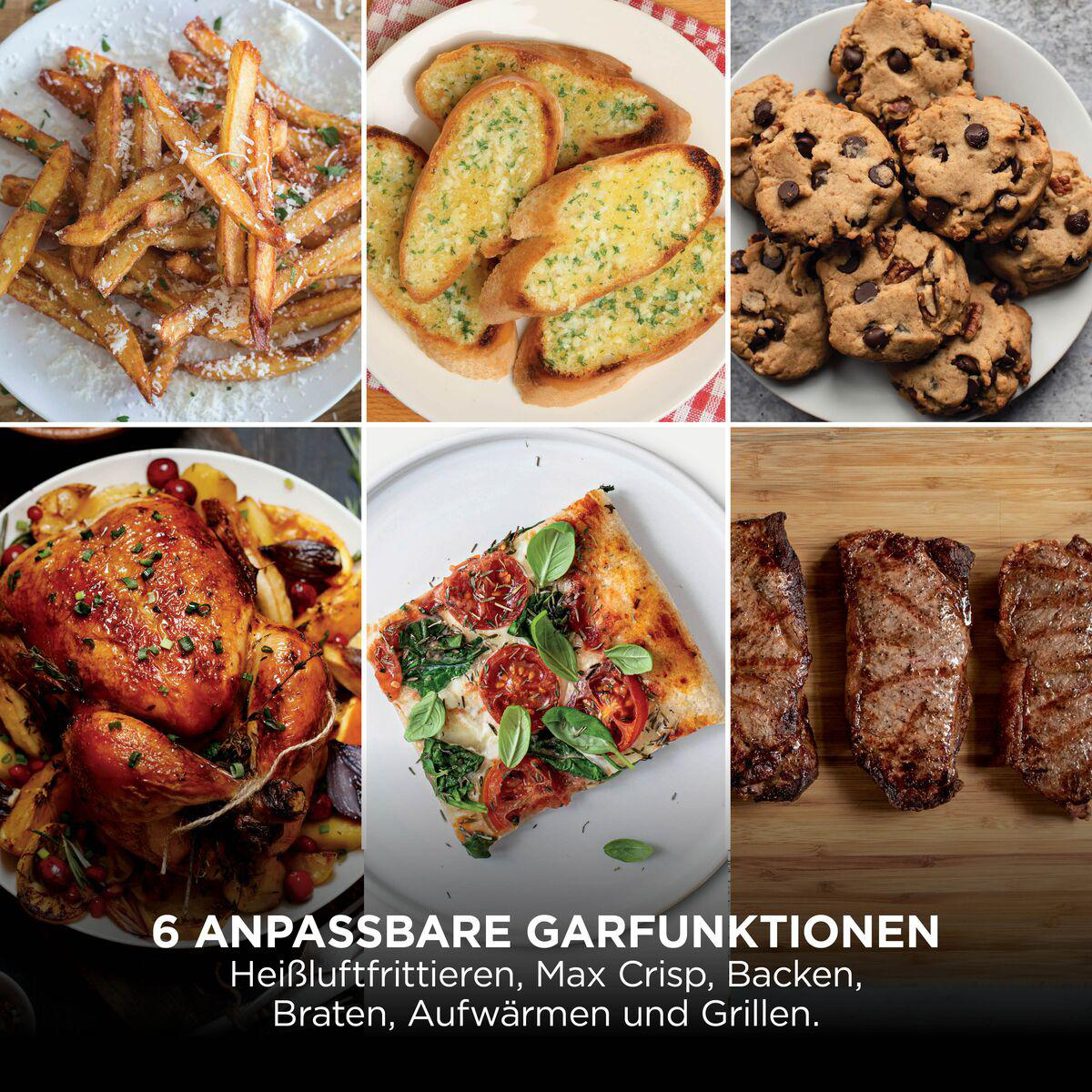 Ein Collagebild zeigt verschiedene Gerichte wie Pommes, Knoblauchbrot, Kekse, Hähnchen, Pizza und Steaks.