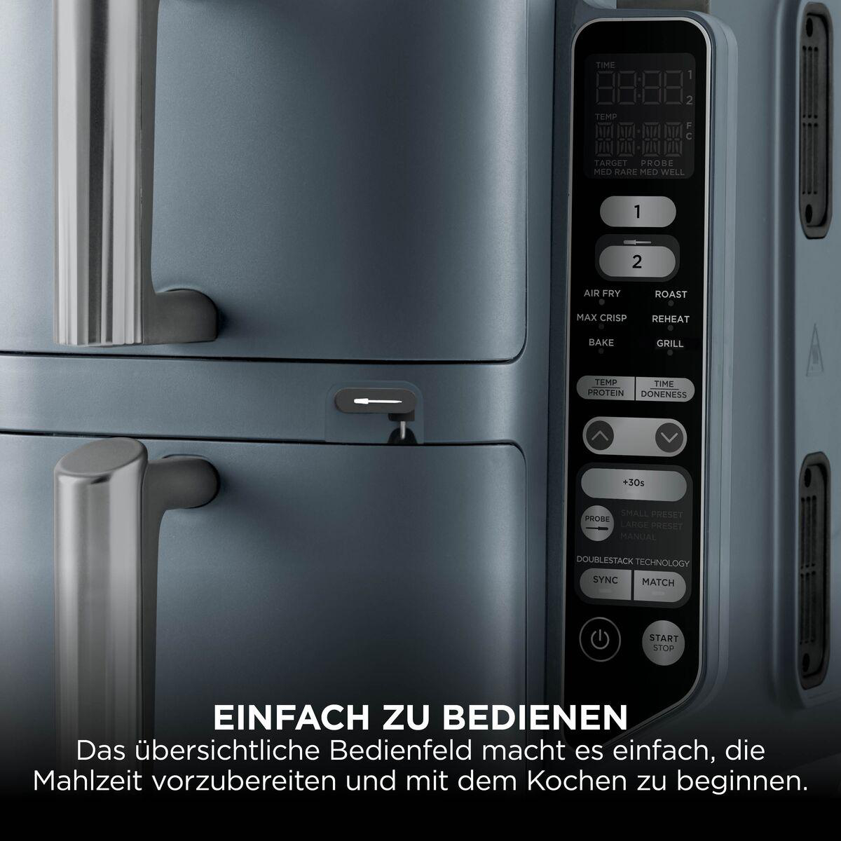 Graue Heißluftfritteuse mit digitalem Bedienfeld und Tasten.