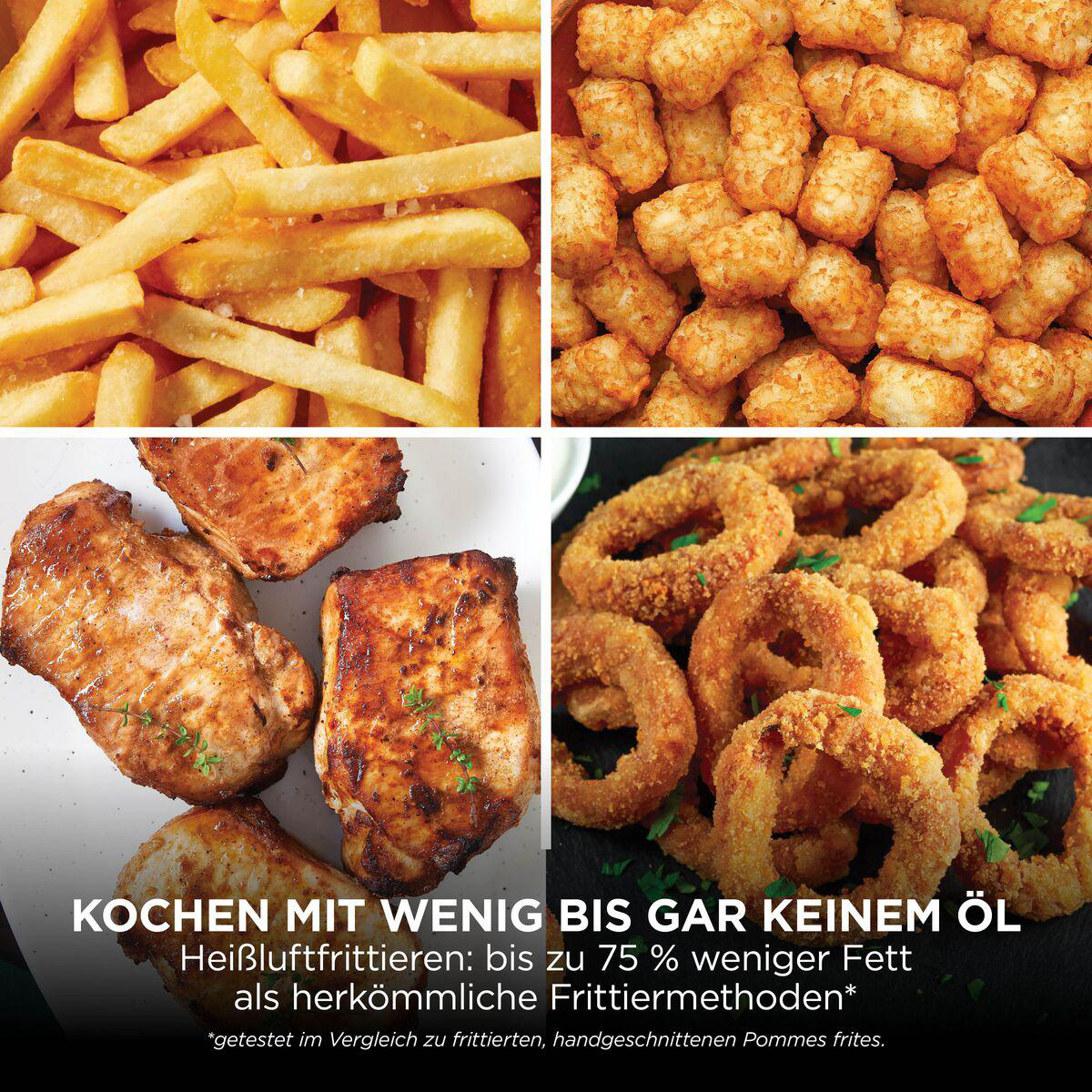 Vier Bilder von frittierten Speisen: Pommes, Kroketten, Hähnchenfleisch und Zwiebelringe, mit Text unten.