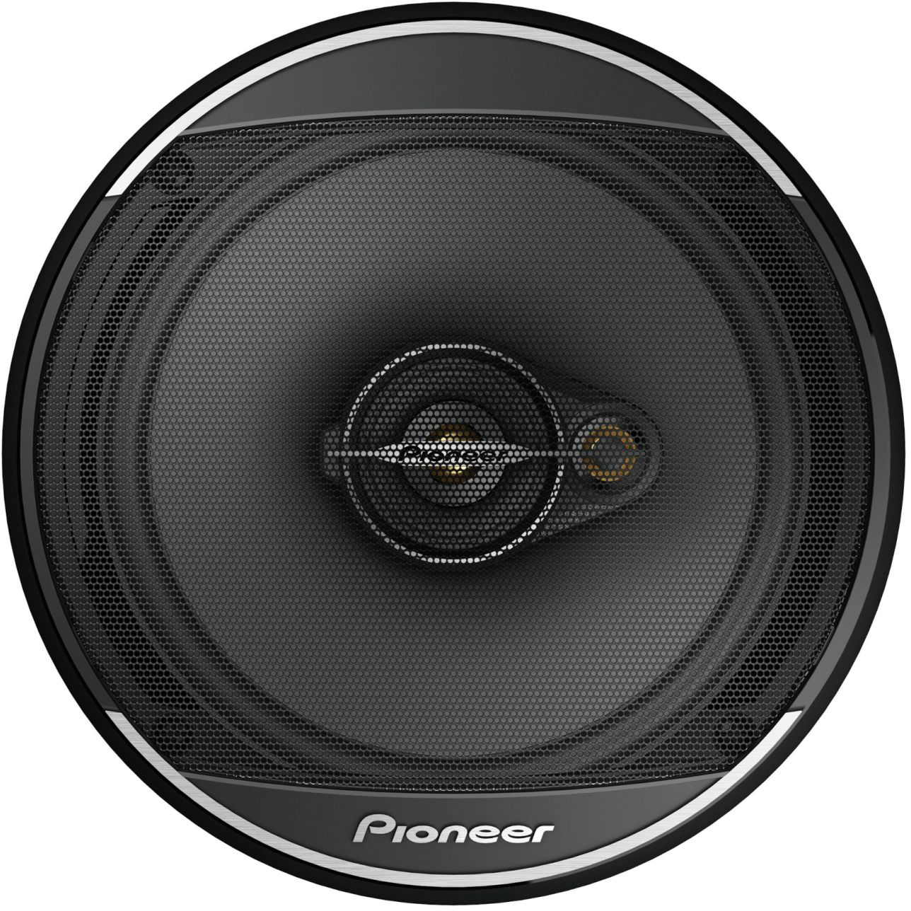 Fekete és ezüst Pioneer autós hangszóró kör alakú ráccsal és középső magassugárzóval.