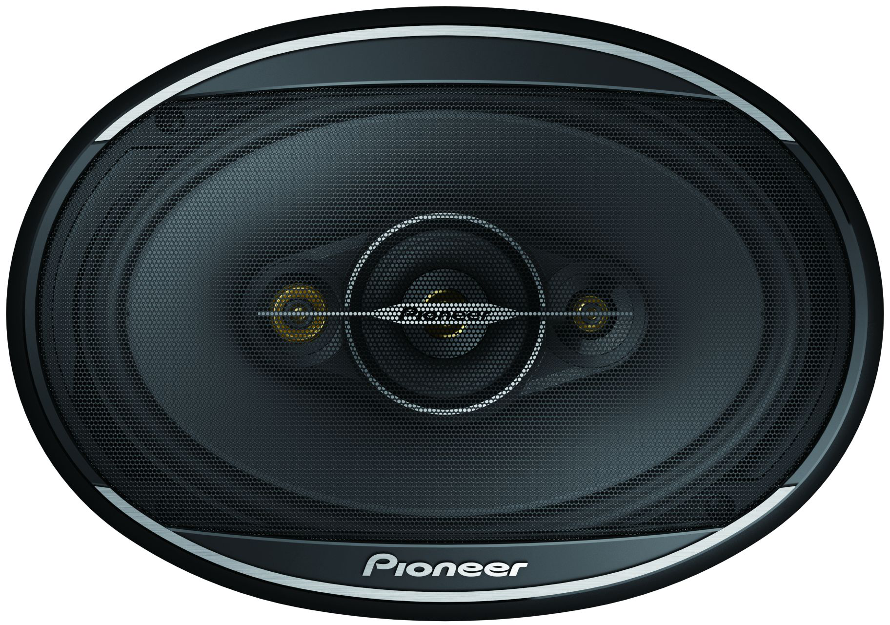 Egy ovális fekete Pioneer autóhangszóró fém ráccsal és az alján lévő Pioneer logóval.