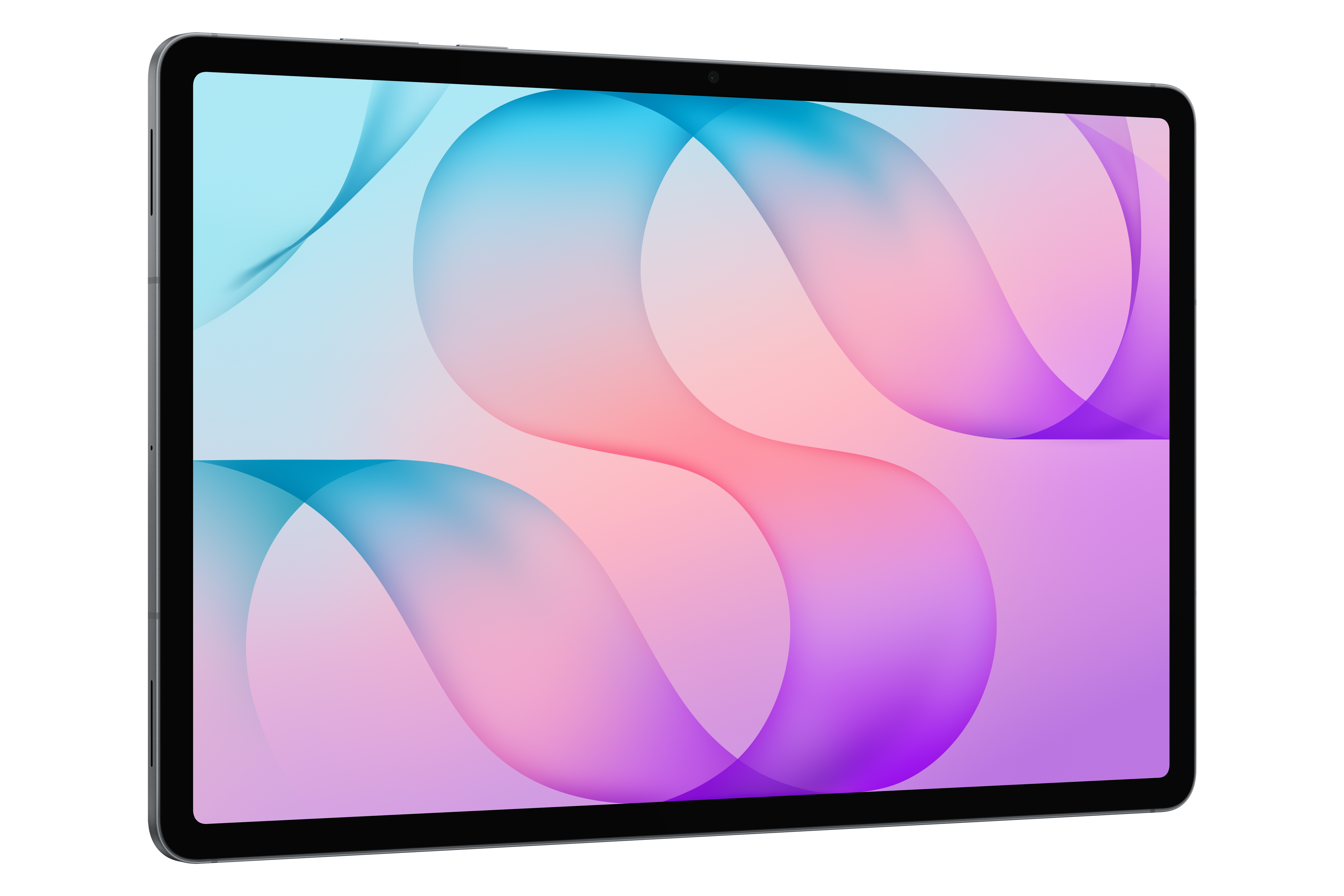 Ein Tablet mit dunklem Rand und einem bunten Hintergrund in Pink und Blau steht auf weißem Grund.