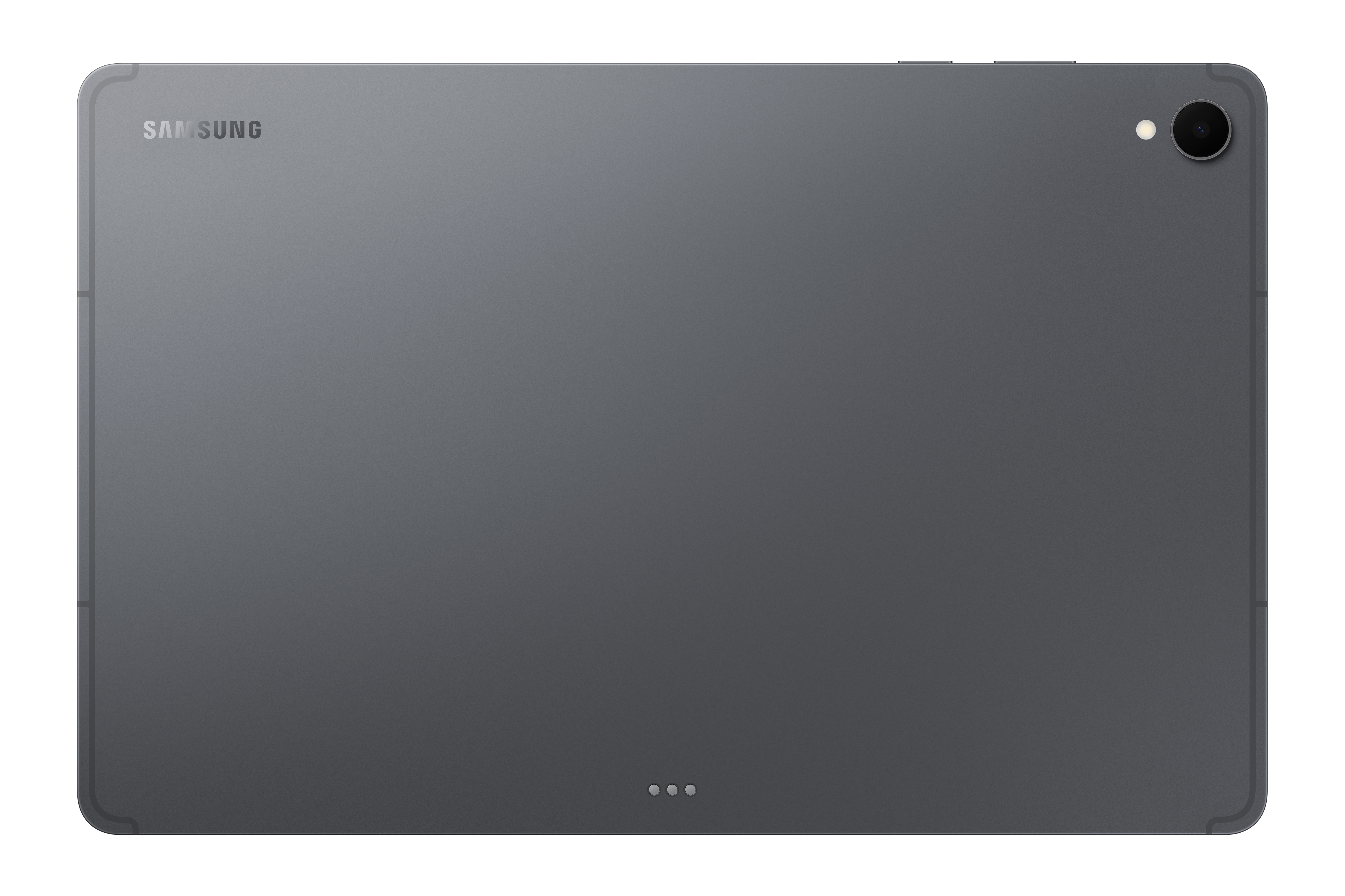 Rückseite eines grauen Samsung-Tablets mit Kamera oben rechts und Samsung-Logo oben links.