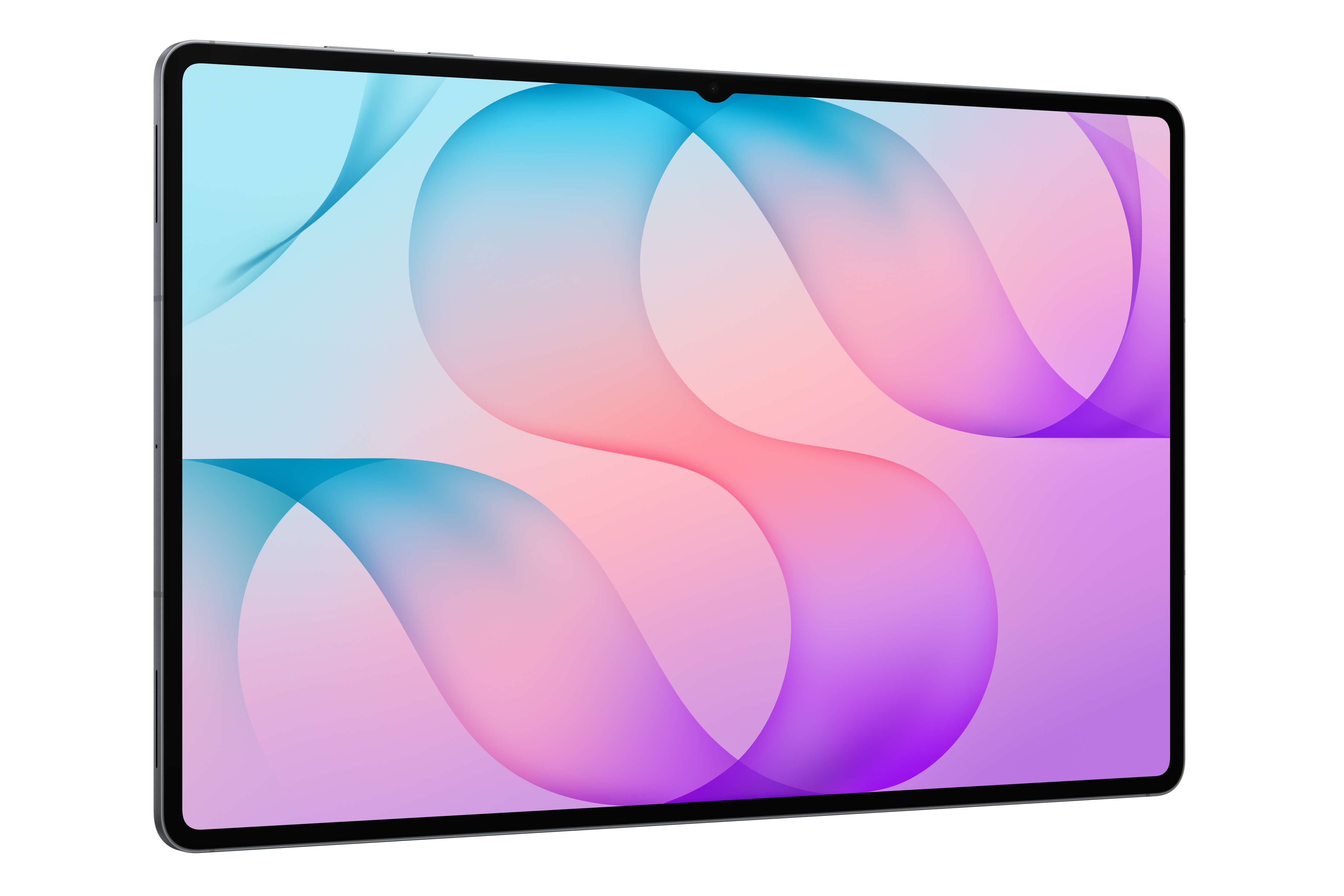 Ein Tablet mit dunklem Rahmen zeigt ein farbenfrohes, geschwungenes Hintergrundbild in Blau, Rosa und Lila.
