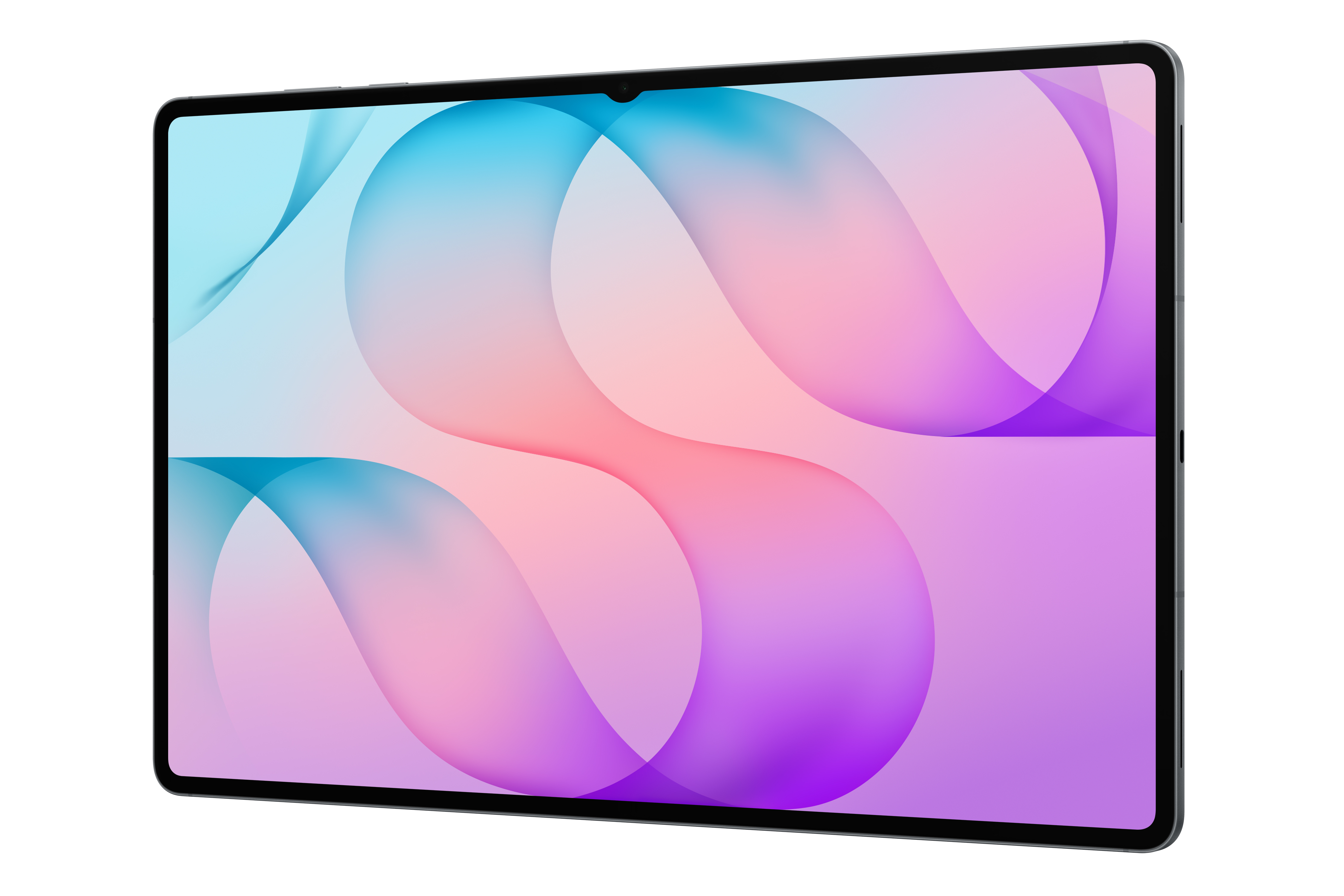 Ein Tablet im Querformat mit einem farbenfrohen, abstrakten Hintergrund aus blauen, rosa und lila wellenförmigen Formen.