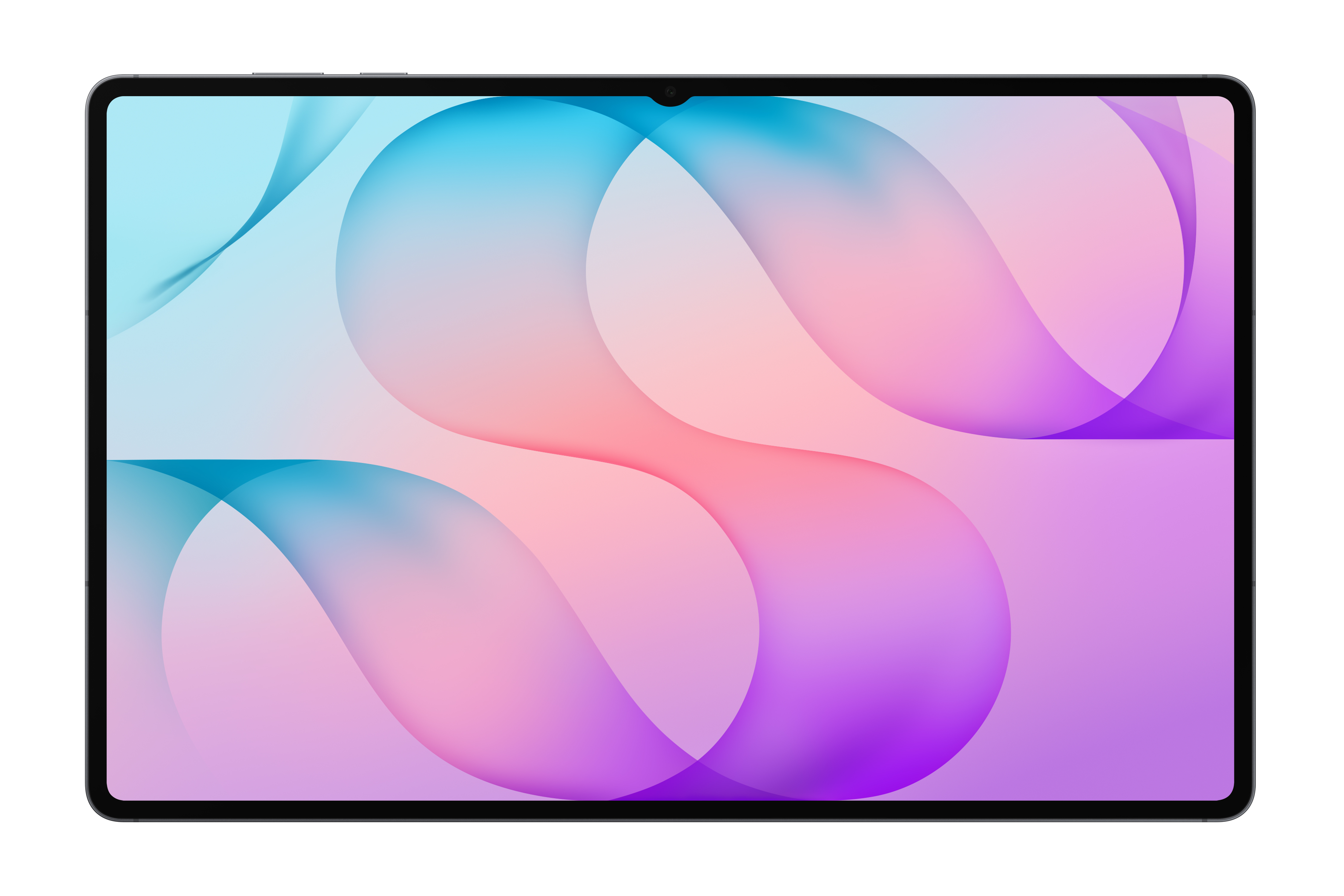 Ein Tablet mit dünnem Rahmen und einem abstrakten blau-rosa Hintergrund auf dem Bildschirm.