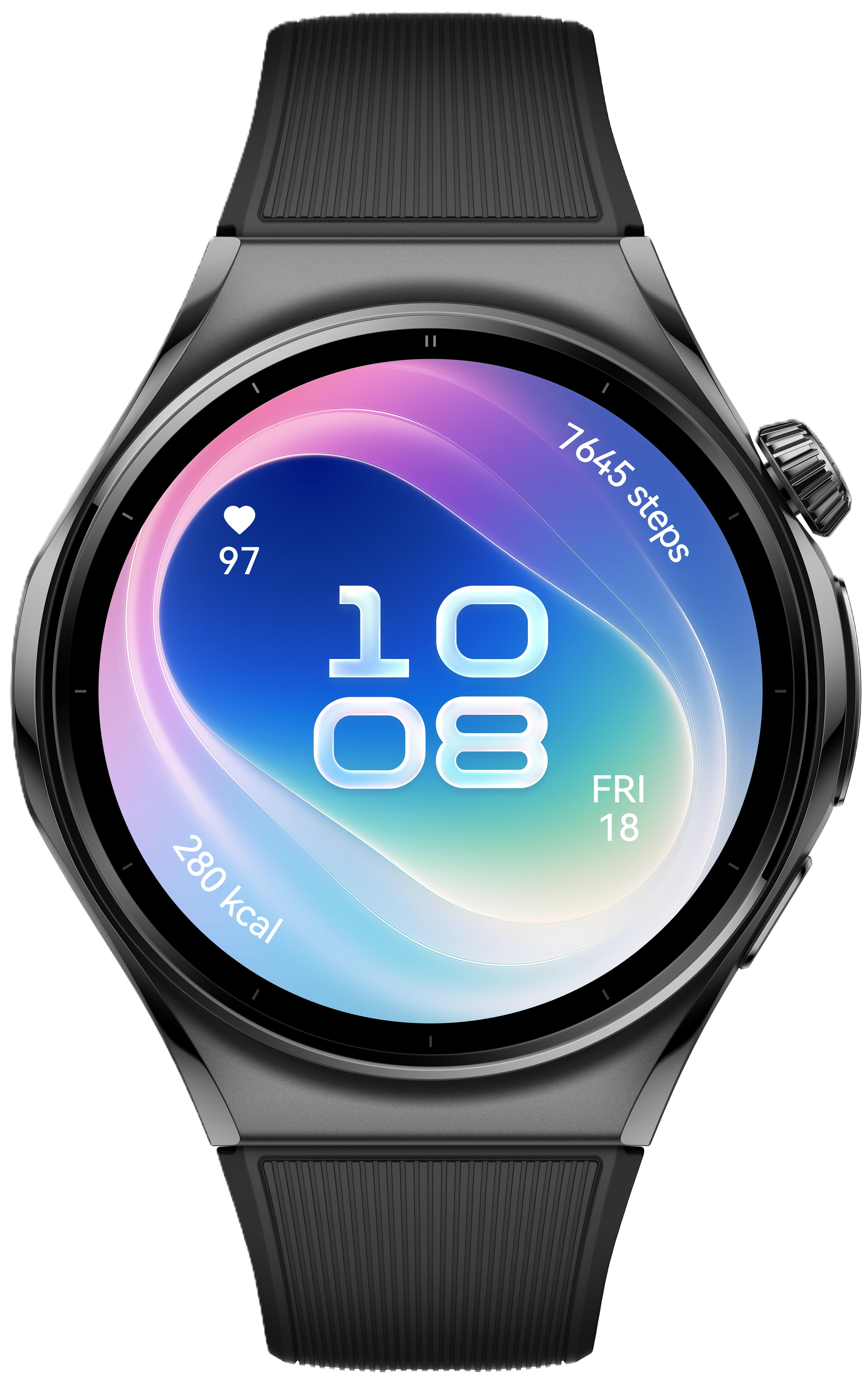 Czarny smartwatch z okrągłym ekranem wyświetla godzinę, kroki, tętno i kalorie na kolorowym tle.