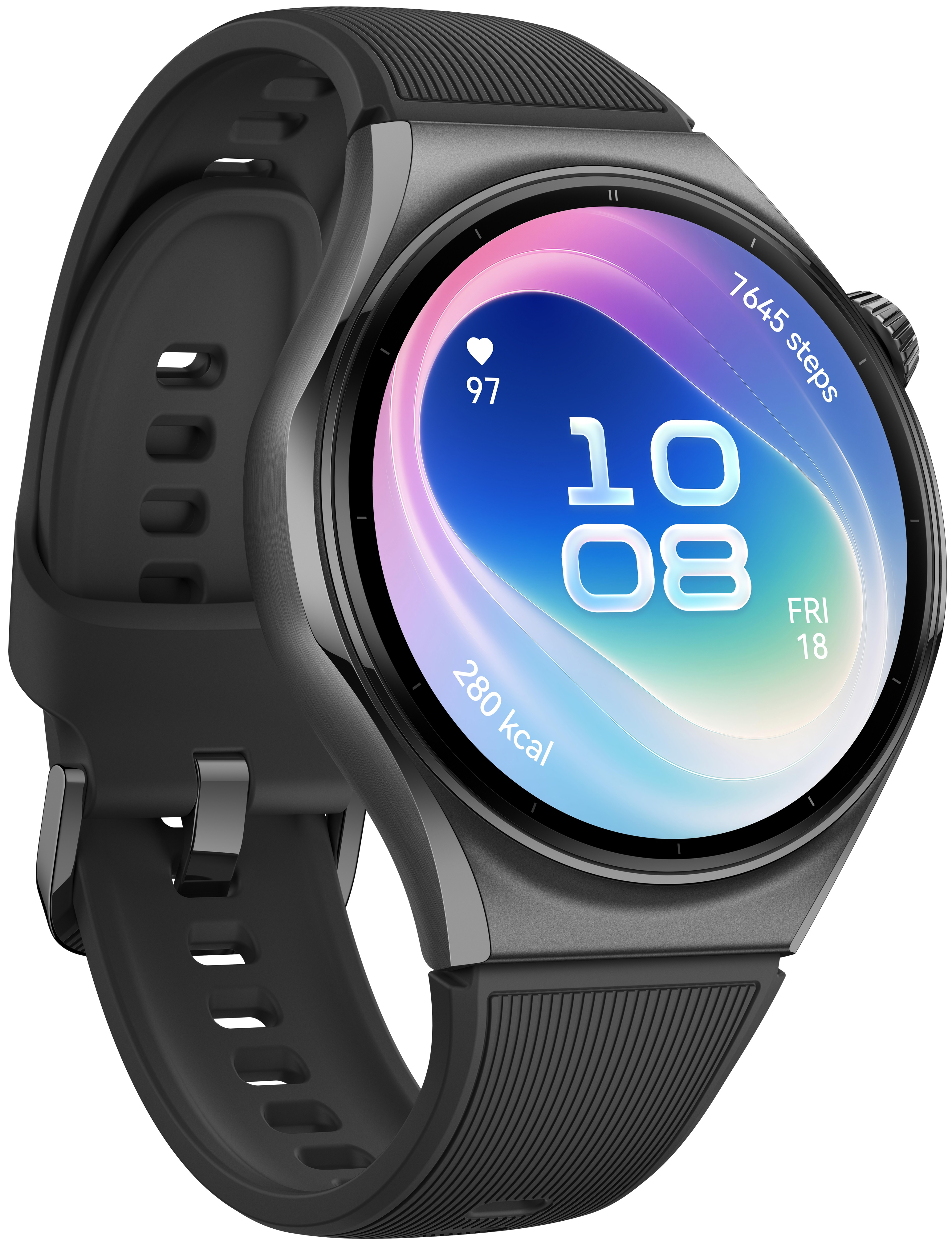 Czarny smartwatch z okrągłym wyświetlaczem pokazującym godzinę 10:08, tętno i kroki.