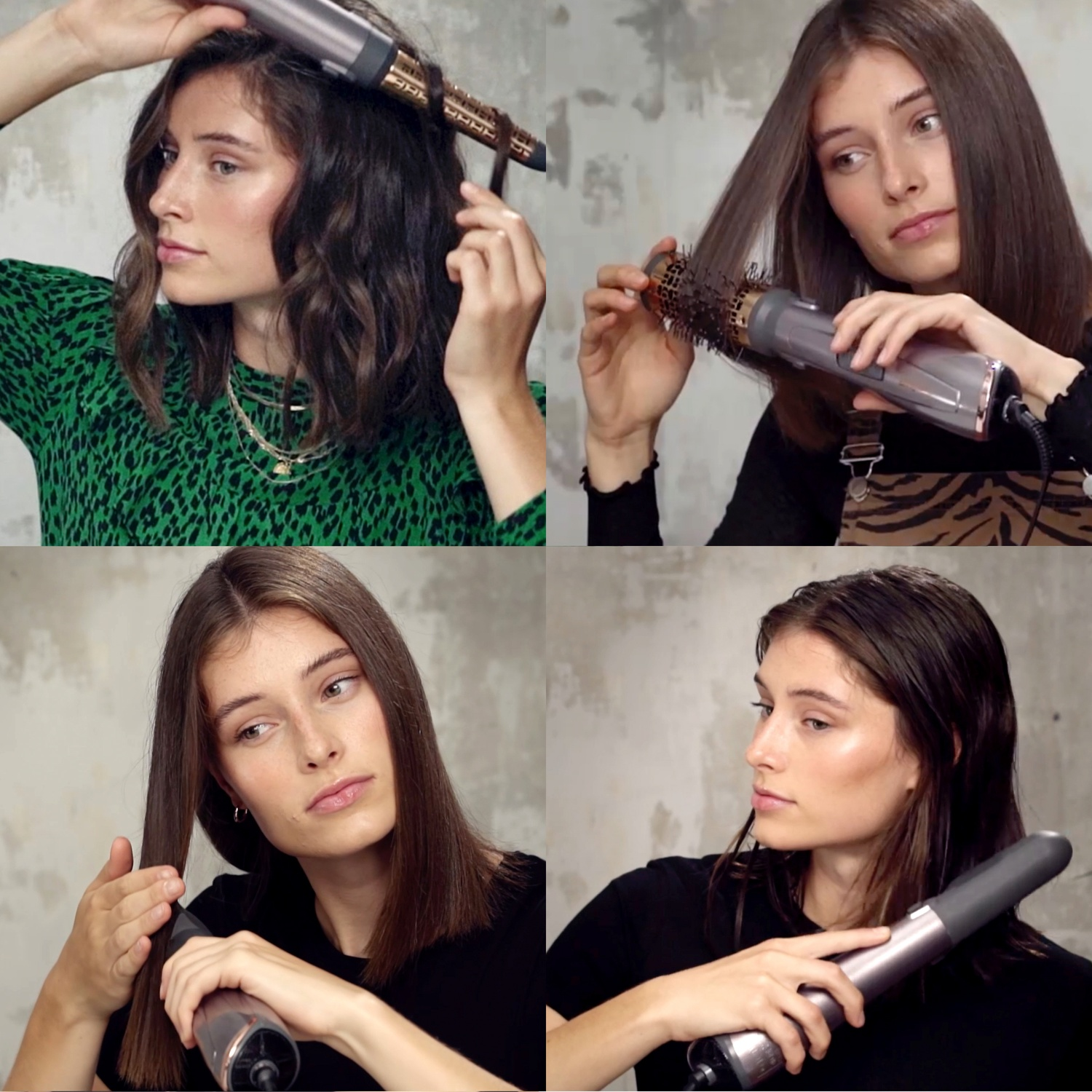 Quattro riquadri di una donna che modella i capelli con uno styler.