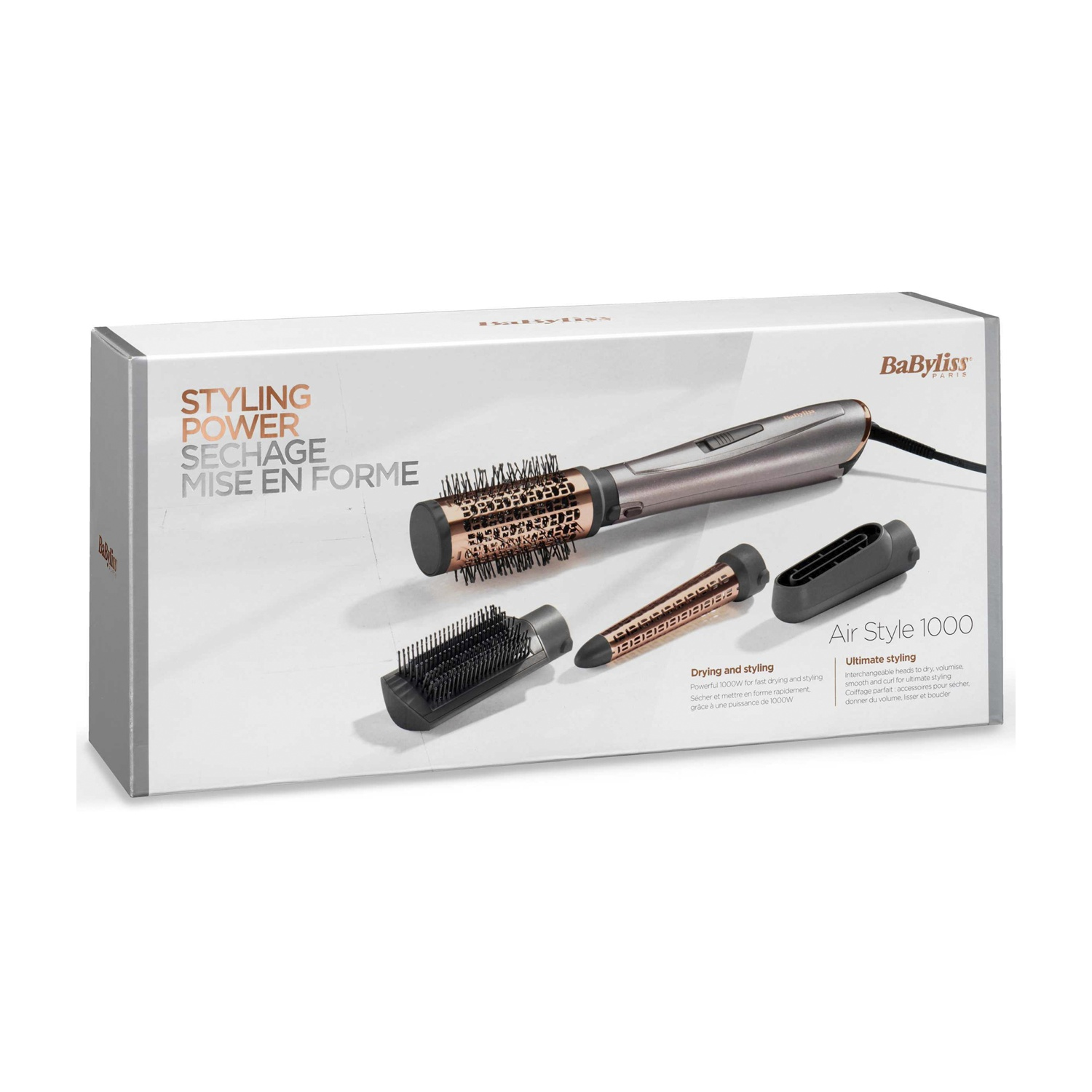 Confezione della spazzola per capelli BaByliss Air Style 1000 con vari accessori in bianco e oro rosa.