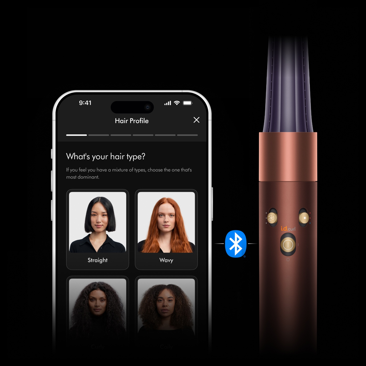 Smartphone con app profilo capelli connesso via Bluetooth a un ferro color rame.