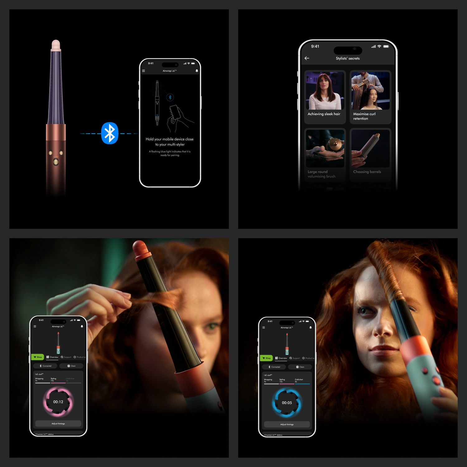 Quattro immagini mostrano l'associazione Bluetooth, i consigli dell'app e lo styling.