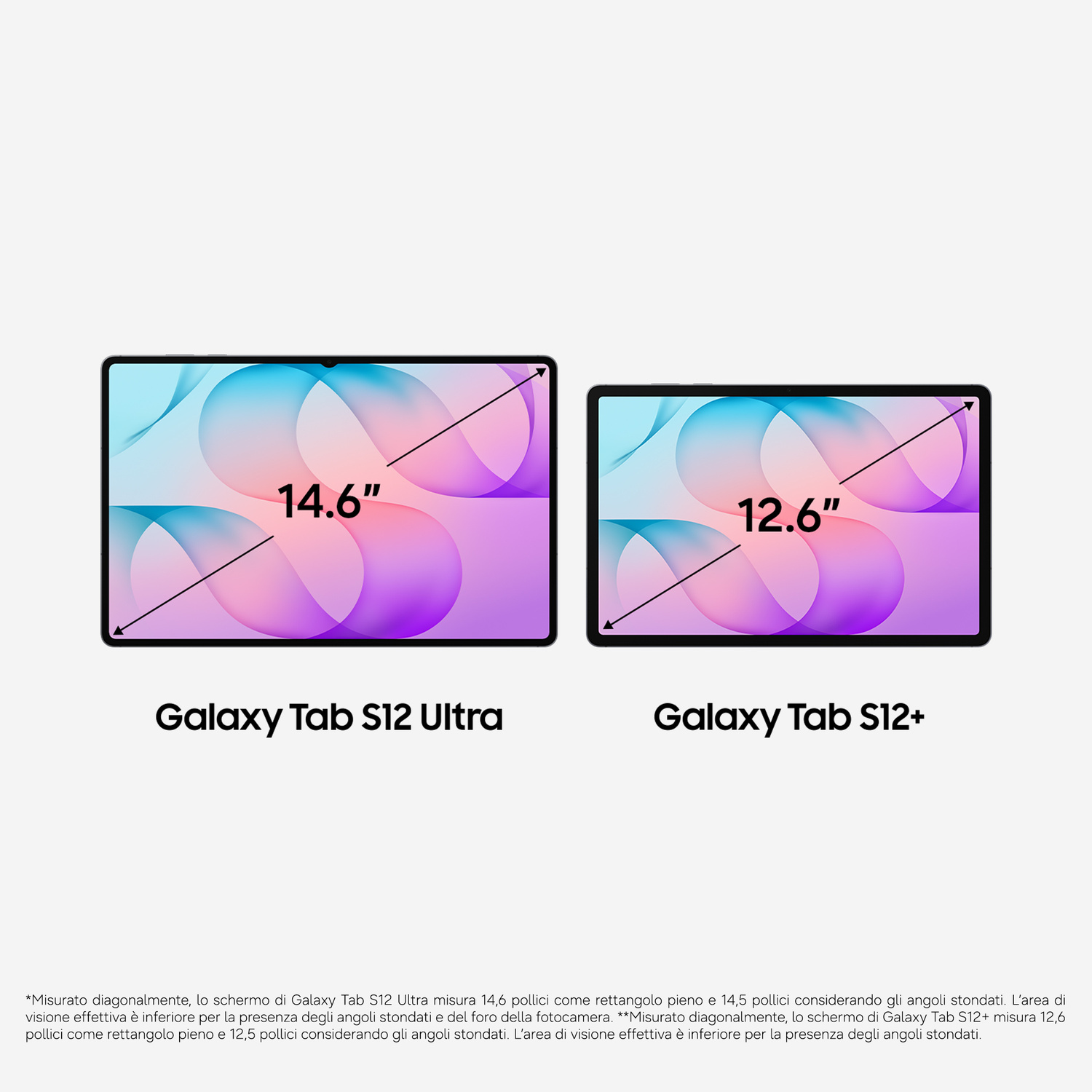 Galaxy Tab S12 Ultra (14,6 pollici) e Galaxy Tab S12+ (12,6 pollici) su sfondo chiaro.