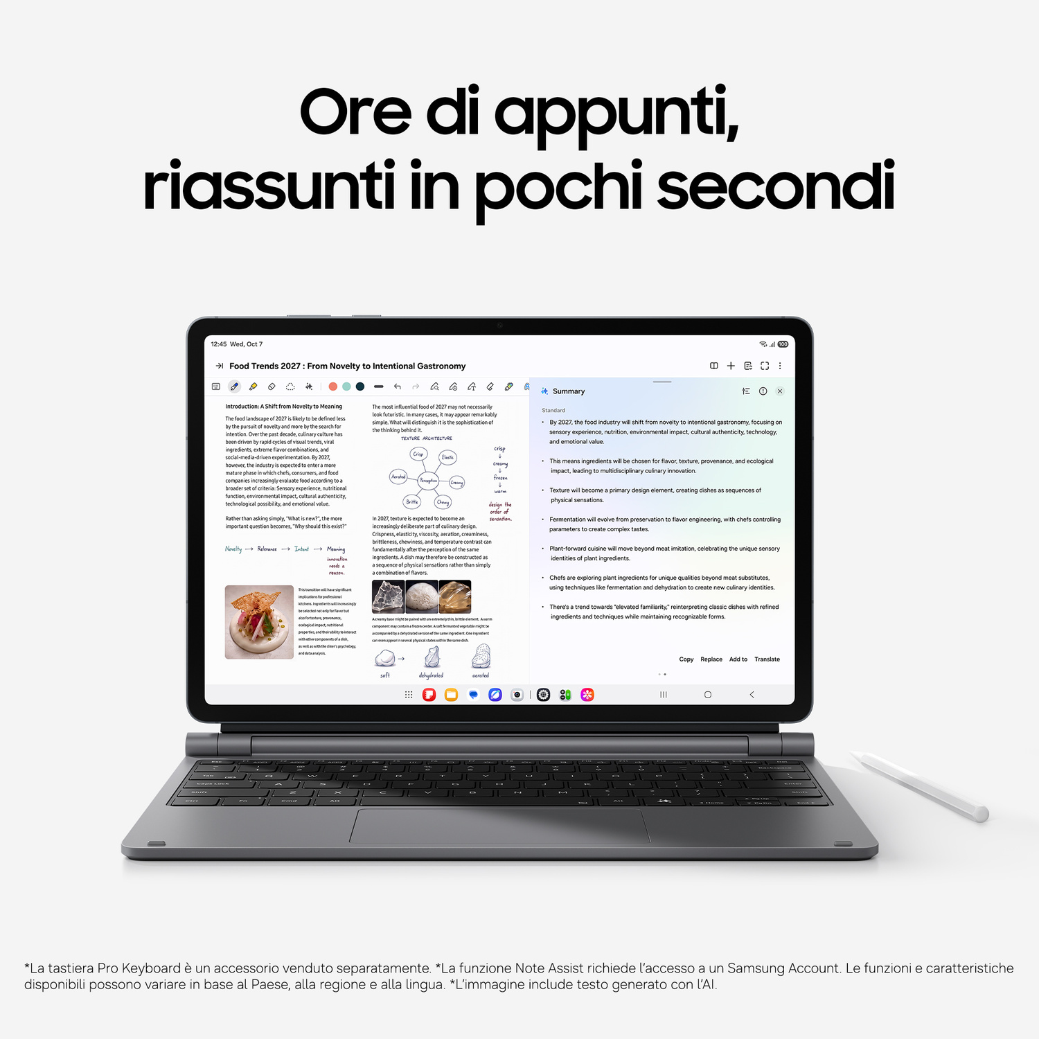 Un tablet con tastiera mostra note e un riepilogo IA sullo schermo.
