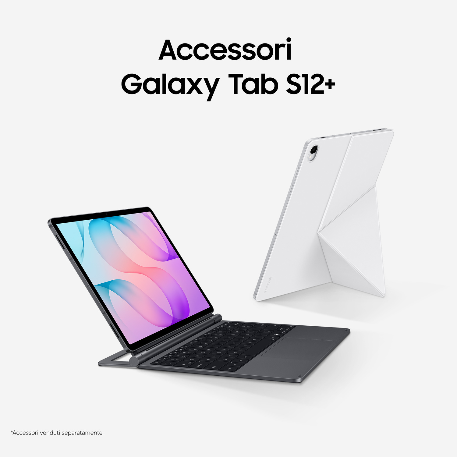 Accessori Galaxy Tab S12+: un tablet con tastiera e uno bianco con supporto.