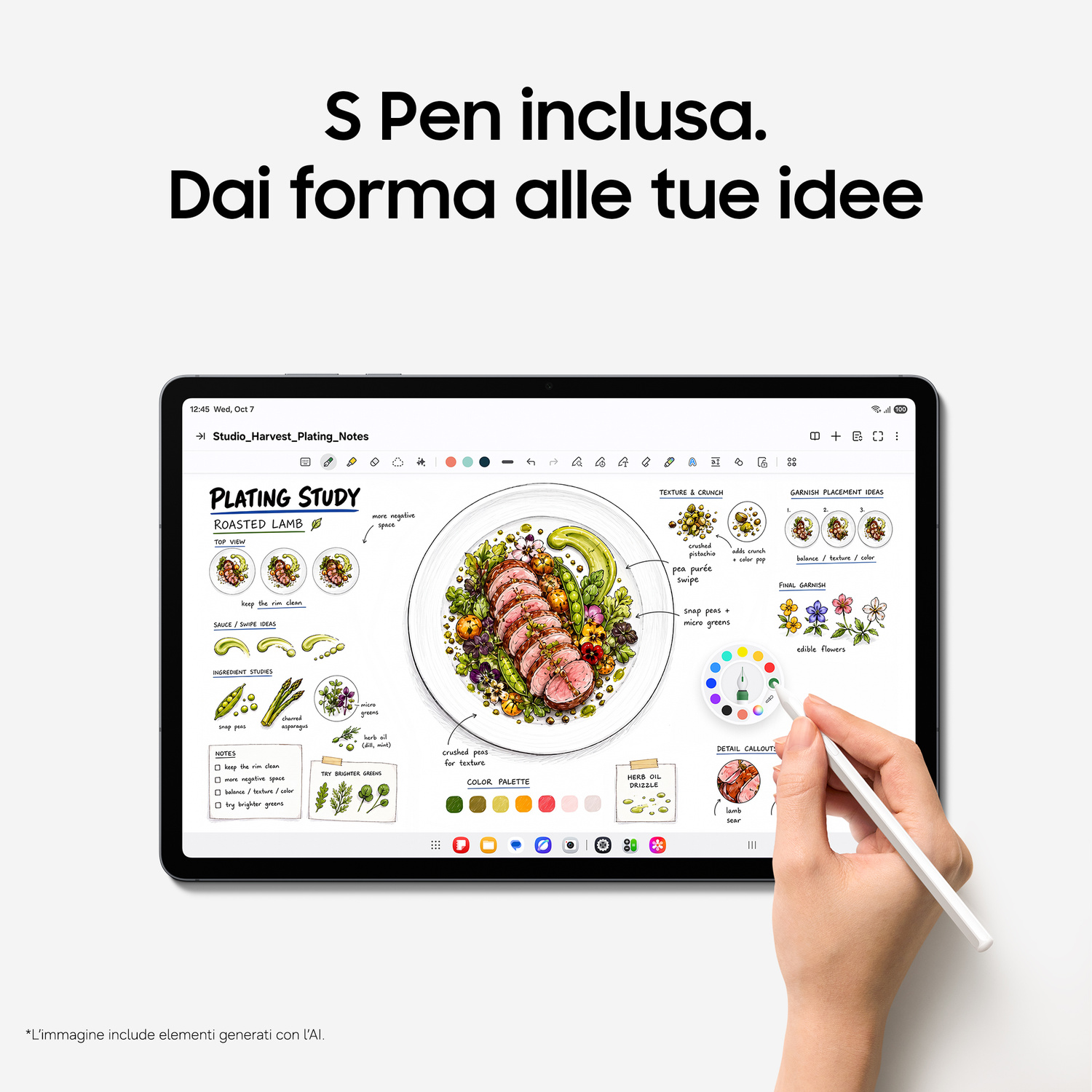 Un tablet mostra note di impiattamento disegnate a mano, mentre una mano usa una S-Pen.