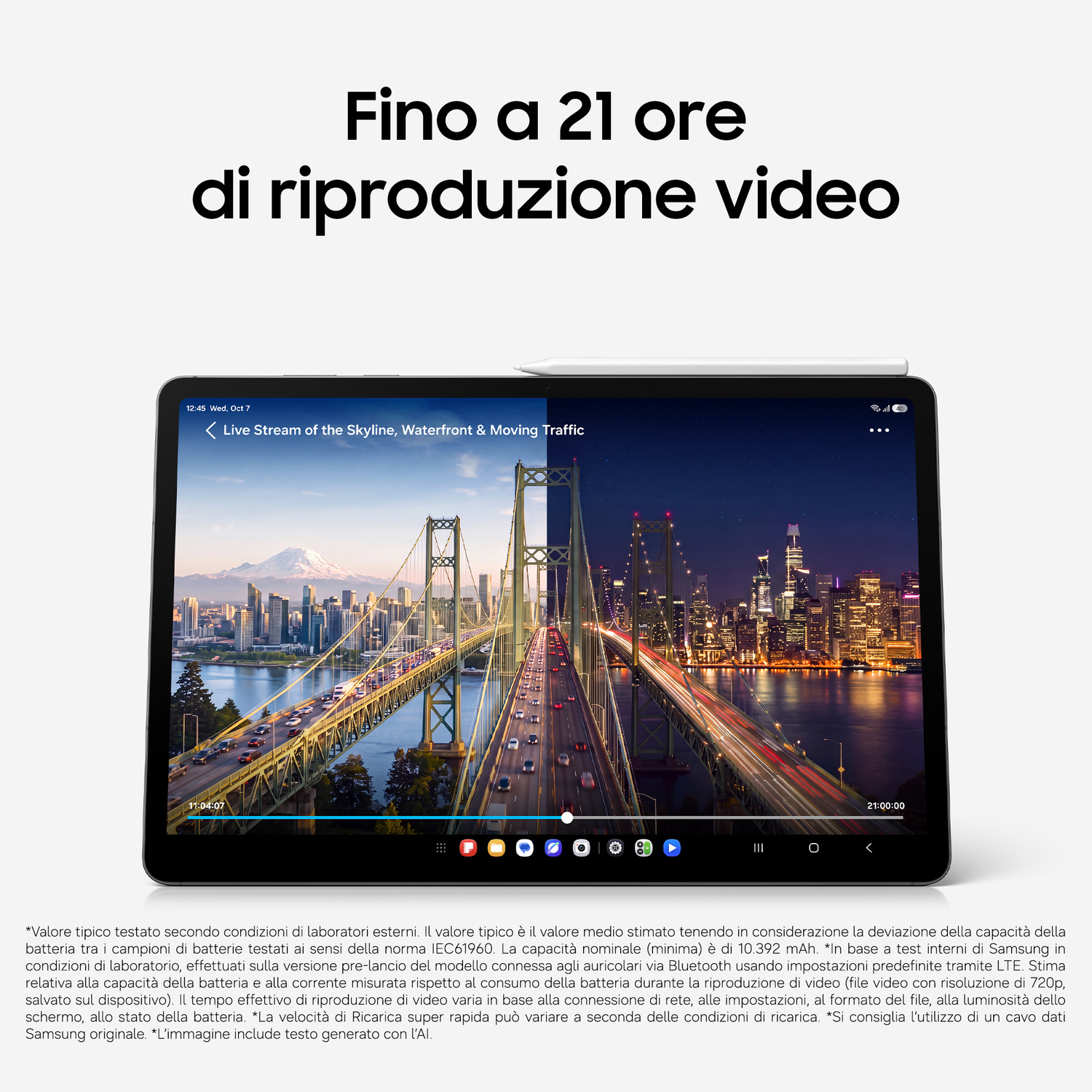 Schermo del tablet che mostra la vista divisa di un ponte illuminato di giorno e di notte con testo sopra.